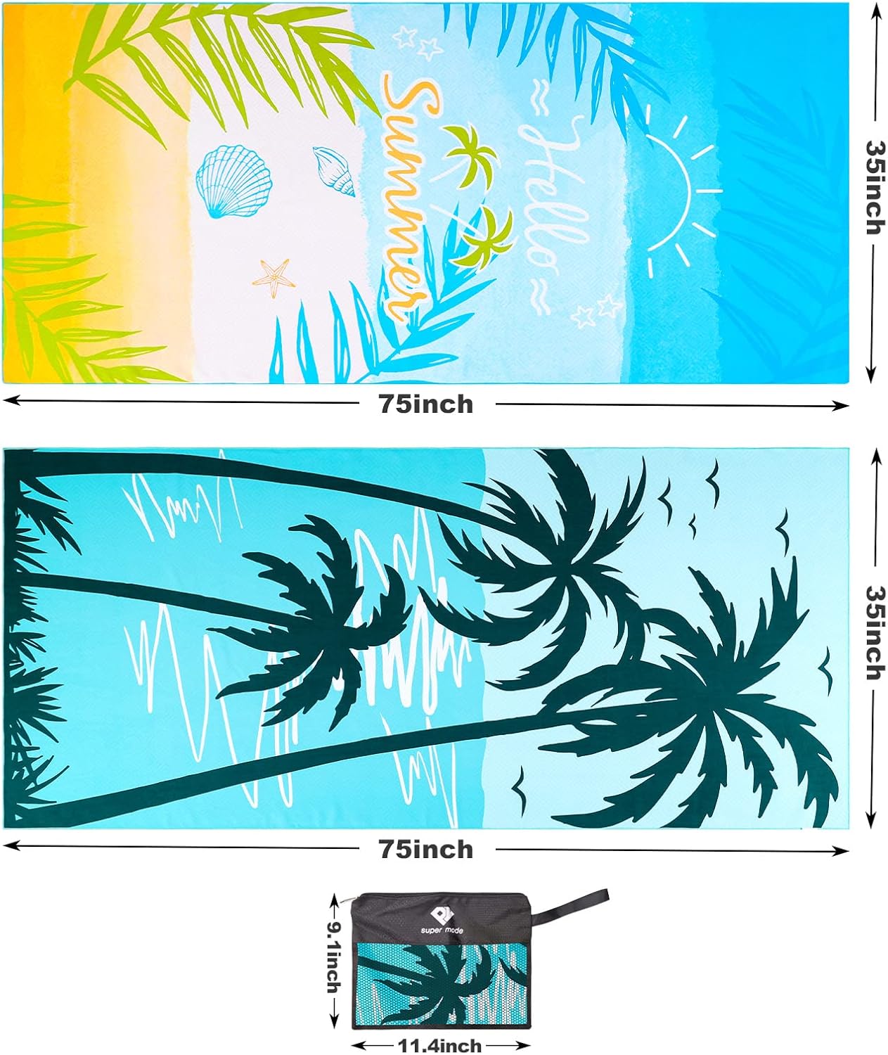 2 Pack Microfiber Beach Towel, Oversized Microfiber Pool Towel 75”x 35”, Sand-Free Beach Towel, Quick Drying Camping Towel, Super Absorbent Bath Blanket, Soft Breathable and Lightweight