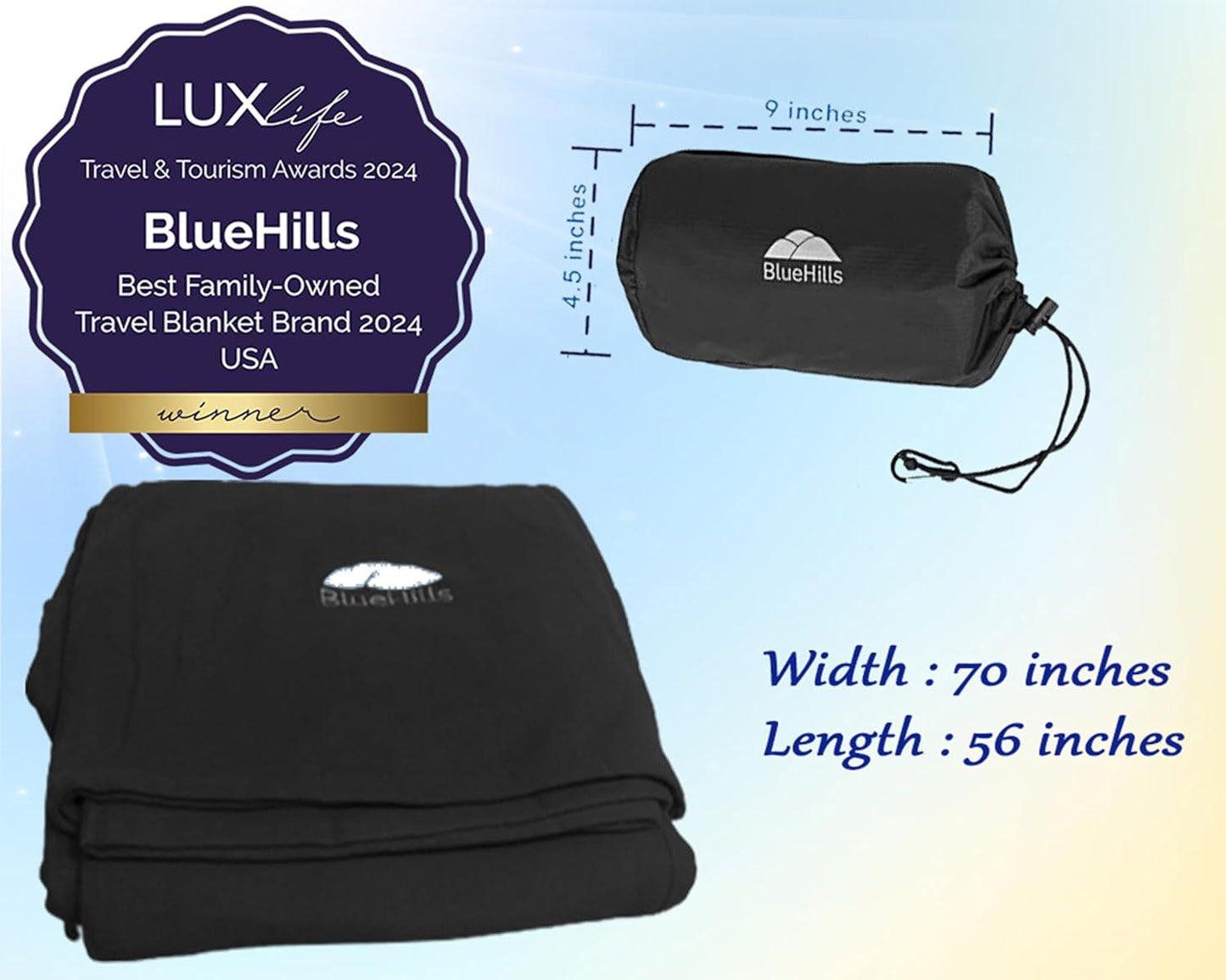 BlueHills Ultra Compact Travel Blanket 2 Pack Large Soft Cozy Portable Blanket Sheet with Carry Case and for Flight Airplane Car Layover Camping Hotel C203-2PK-Black