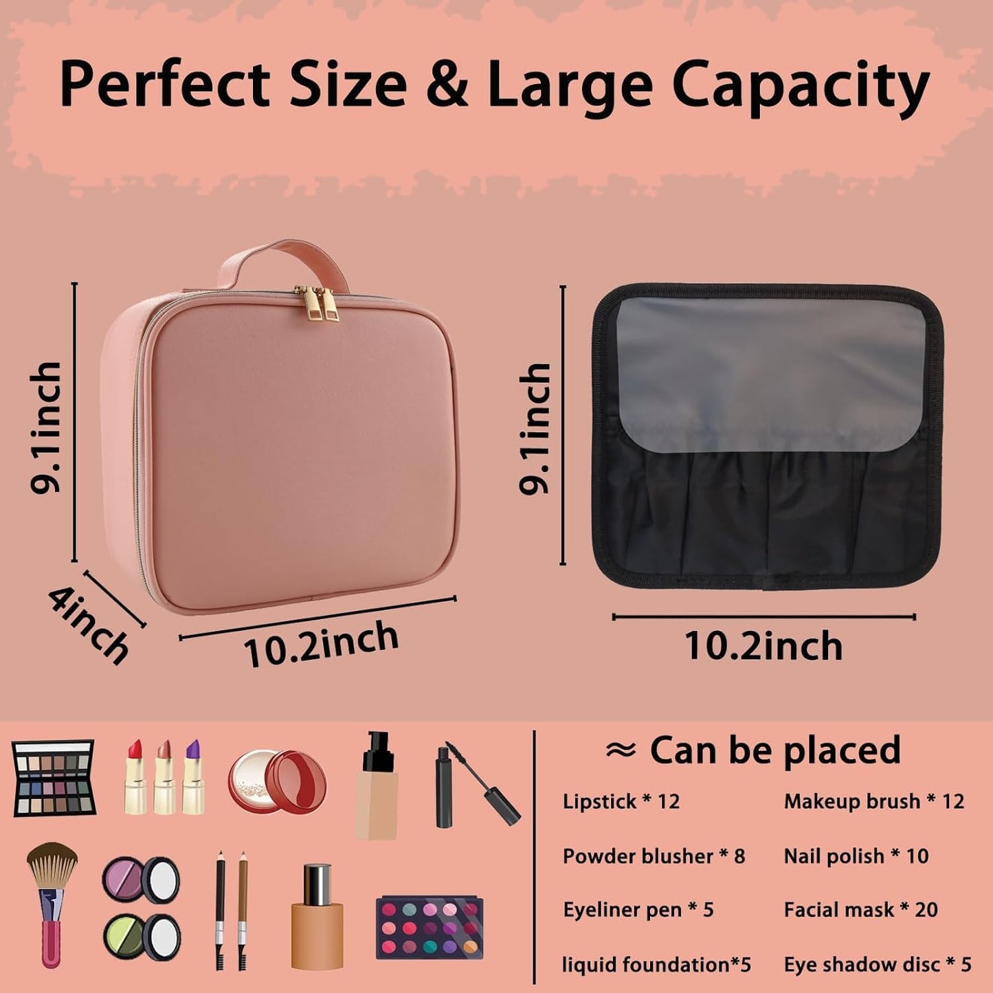 Makeup Bag with Led Mirror,Travel Makeup Organizer with 3 Color Setting & Jewelry storage box, Portable Storage and Adjustable Dividers Travel Makeup Bag(Pink)