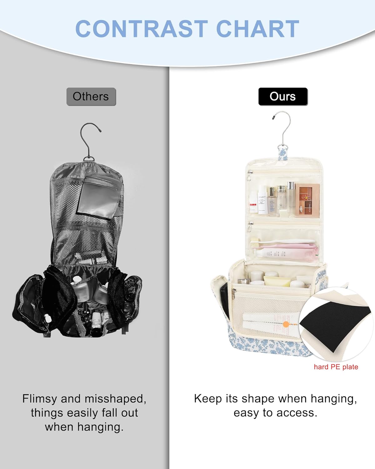 Relavel Hanging Toiletry Bag for Women Travel Makeup Bag Cosmetic Organizer Toiletries Bag for Travel Size Essentials Accessories Shower Caddy Bag for Bathroom Beach Gym, Floral Print