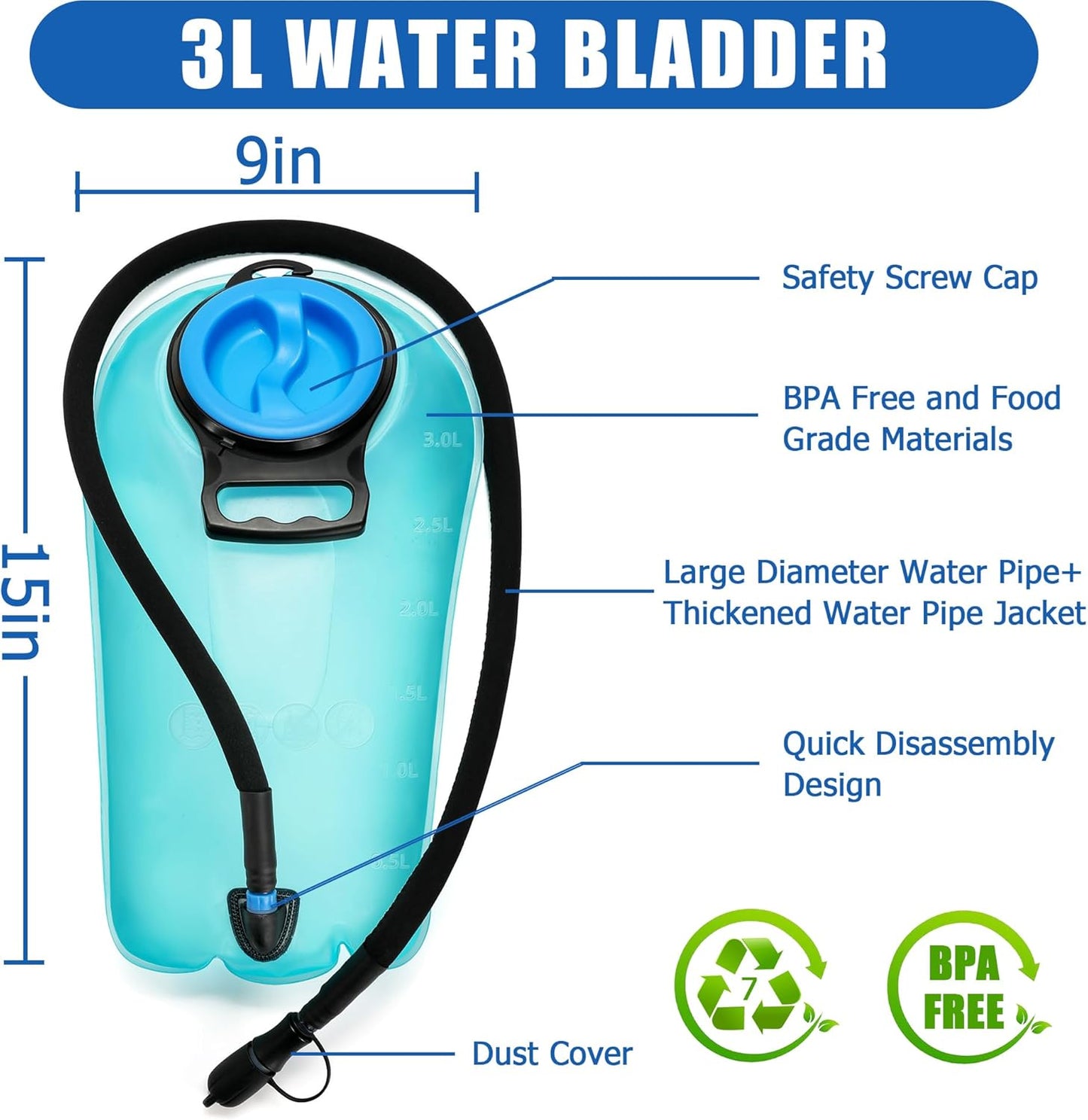 1050D Tactical Hydration Backpack with 3L TPU Water Bladder, Military Molle Water Backpack Perfect for Men & Women, Hydration Pack for Hiking, Biking, Running, Climbing, Hunting, Daily Use