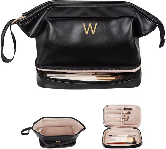 Personalized Graduation Gifts, Initial Large Makeup Bag, Personalized Double Layer Cosmetic Bag with Makeup Brush Organizer, Waterproof, Large Capacity PU Leather Toiletry Bag, Friend gifts