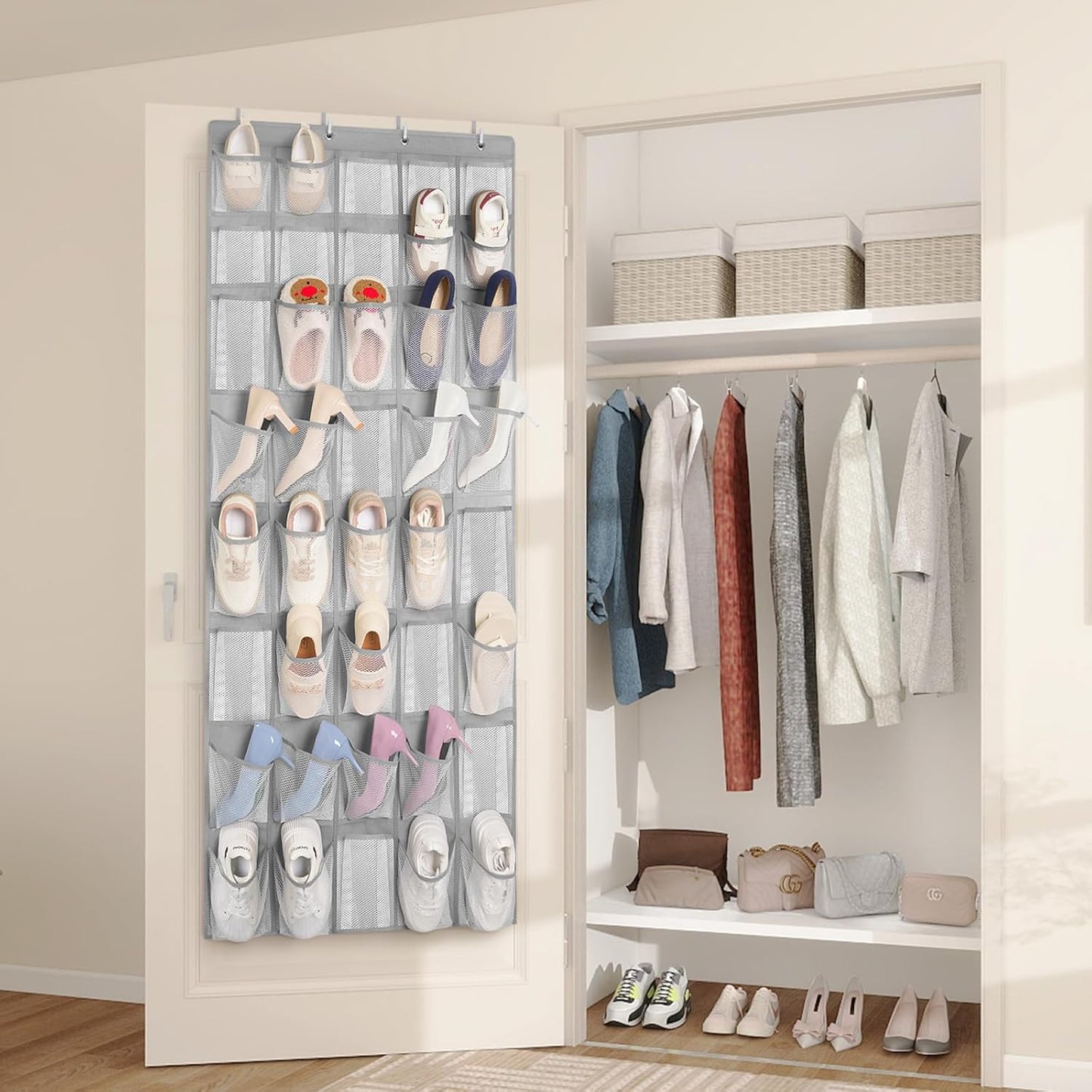 FENTEC 40 Large Pockets Over The Door Shoe Organizer, Mesh Hanging Shoe Organizer Shoe Rack for Closet Mesh Closet Shoe Holder, Over Door Organizer, Shoe Organizer for Wall, Grey, 1 Pack
