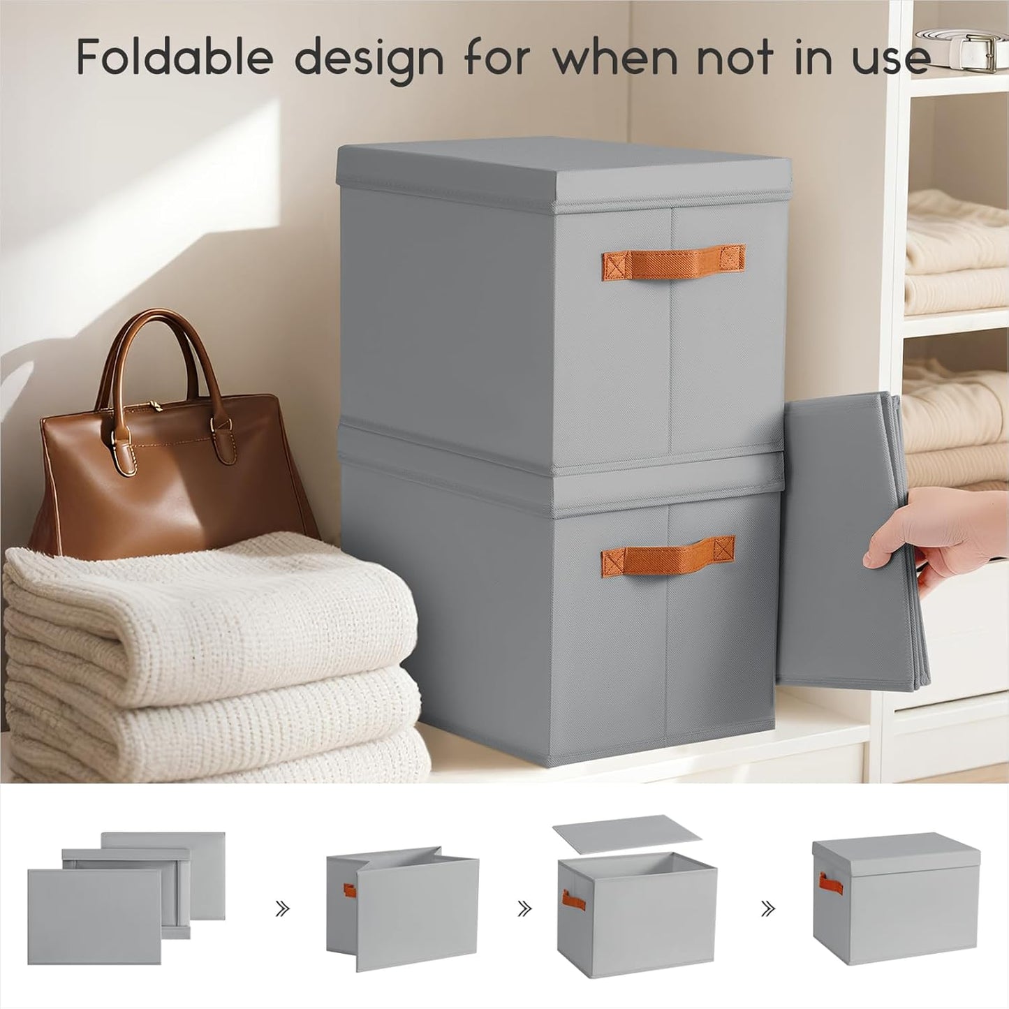 Storage Bins with Lids - Fabric Storage Baskets for Shelves, 4 Pack Foldable Decorative Boxes with Handles, Stackable Organizer Bins for Home, Nursery, Dorm, Grey