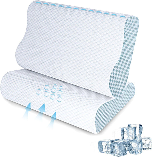 Memory Foam Pillows 2 Pack Neck Pillow - Neck Support Pillow for Pain Relief, Ergonomic Cervical Pillow for Sleeping, Orthopedic Contour Bed Pillow for Side, Back, Stomach Sleepers,Blue