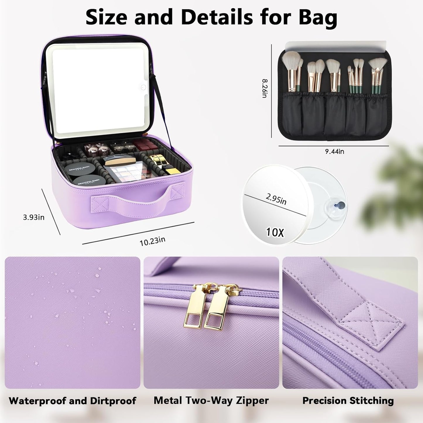 Travel Makeup Bag with LED Mirror and 10x magnifying glass with 3 Lighted Settings, Adjustable Dividers and Makeup Brush Storage Bag Purple