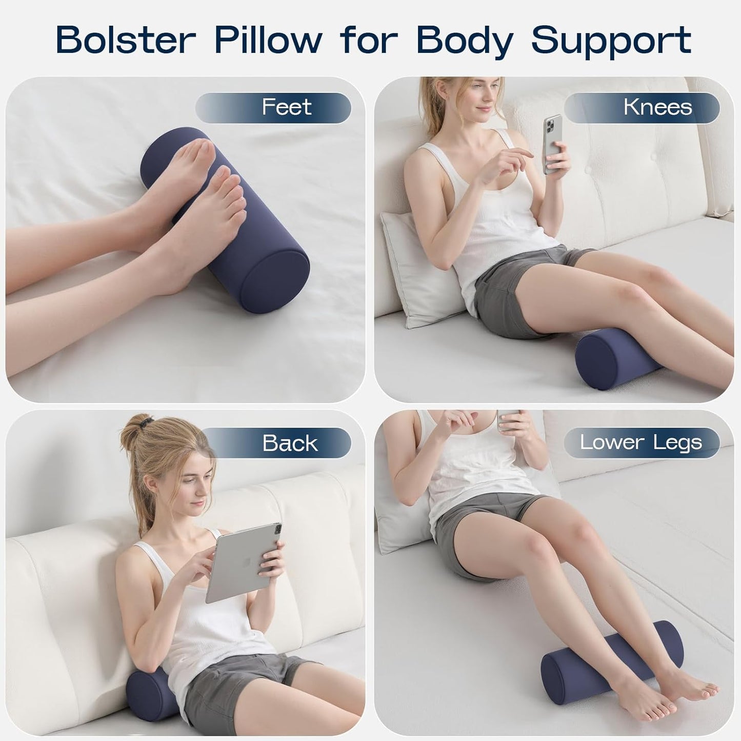 Neck Roll Pillow for Neck Pain Relief - Memory Foam Neck Support Pillow for Bed | Round Neck Pillow for Sleeping, 16 * 6.3 * 6.3inch ((Navy-Blue)