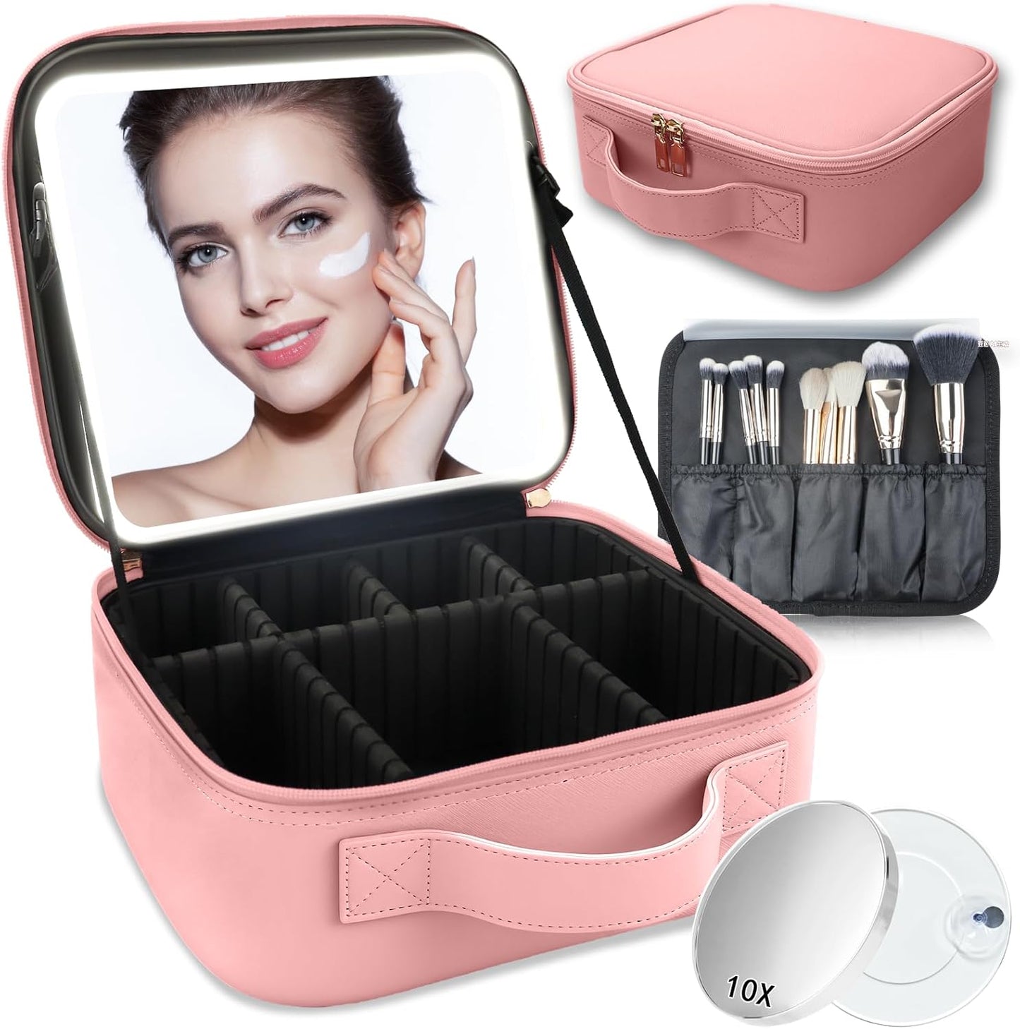 Makeup Bag with Led Mirror,Travel Makeup Organizer with 3 Color Setting & 10X Magnifying Mirror, Portable Storage and Adjustable Dividers Travel Makeup Bag-pink