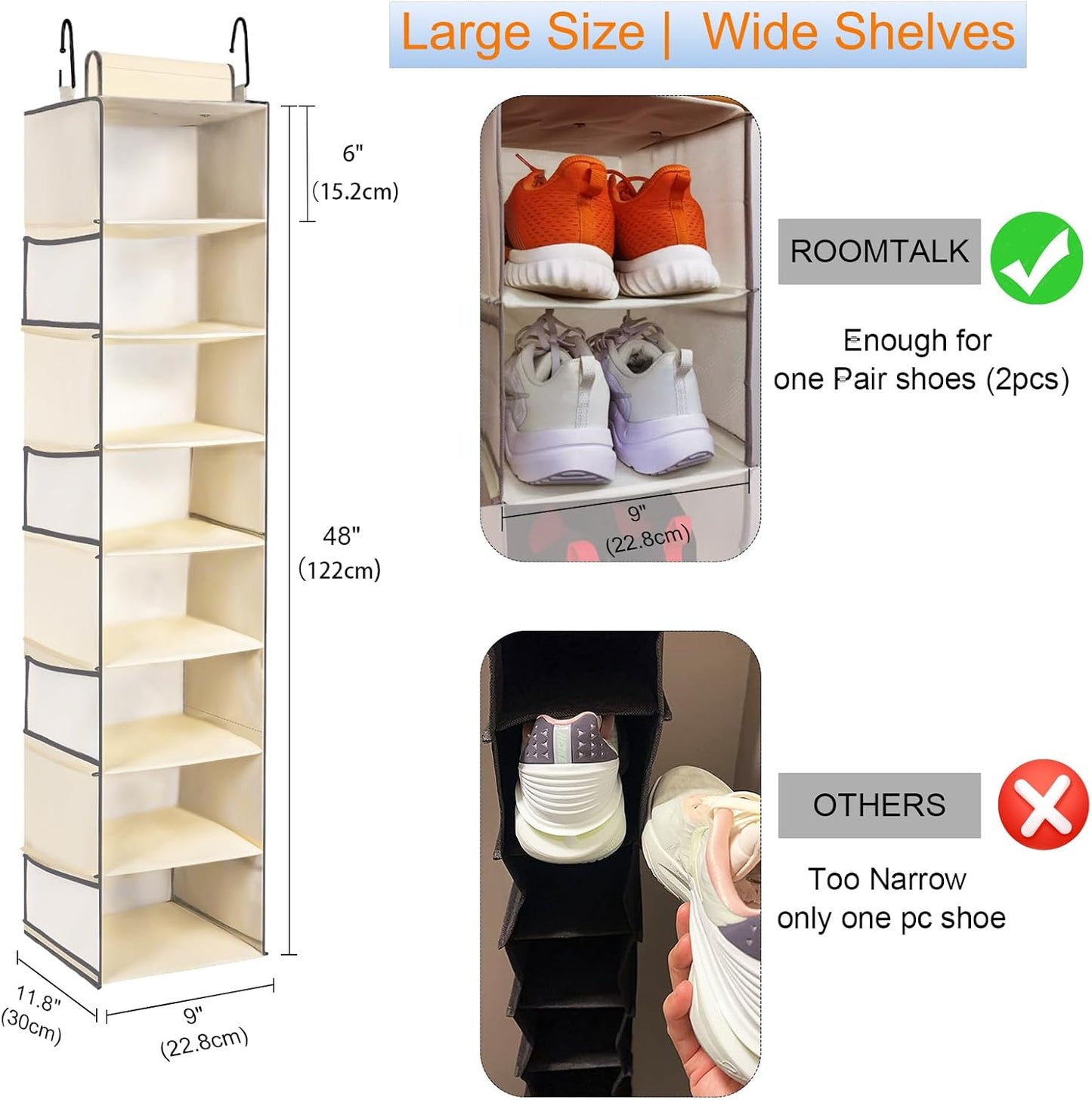 2 Pack Large-Sized Hanging Shoe Organizer 8-Shelf, Hanging Closet Organizer with 8 Side Pockets, Wider Hanging Shelves for Storage Shoes Clothes 9" W × 11.8" D× 48" H, Beige.