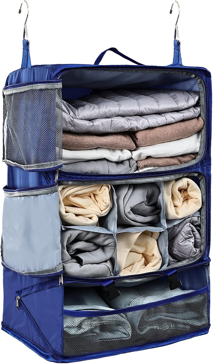 TABITORA Travel Portable Hanging Shelves Closet Organizer Packing Luggage Storage with Multifunctional and Foldable Invisible Compartment,Lightweight, for Suitcase, RV,Closet…Blue,XXL