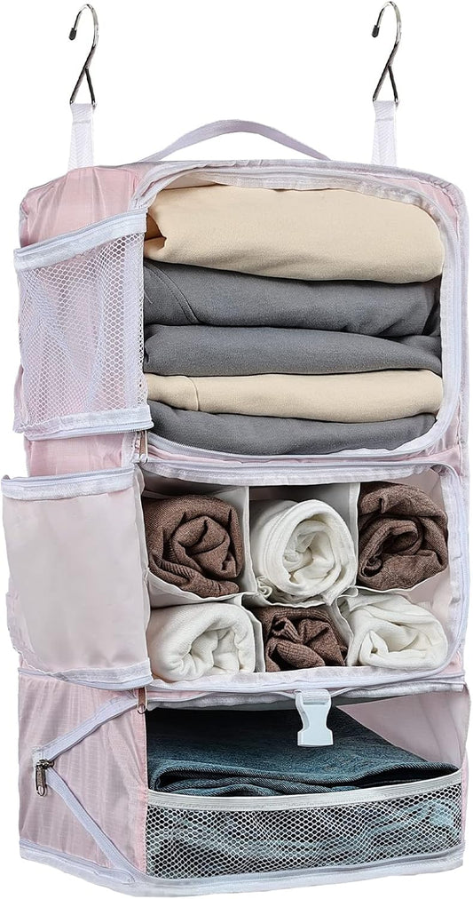 TABITORA Travel Portable Hanging Shelves Closet Organizer Packing Luggage Storage with Multifunctional and Foldable Invisible Compartment,Lightweight, for Suitcase, RV,Closet…Pink,XL