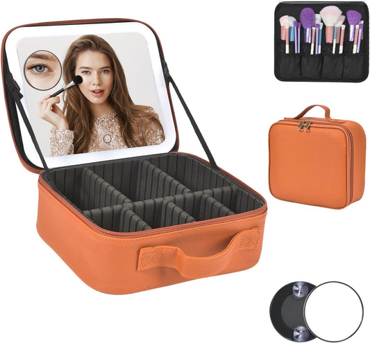 Travel Makeup Bag With LED Mirror,Makeup Travel Train Case with 3 Color Setting,Cosmetic Makeup Organizer Bag with Adjustable Dividers,Portable Make up Bag with Makeup Brush Holder Storage（Caramel）