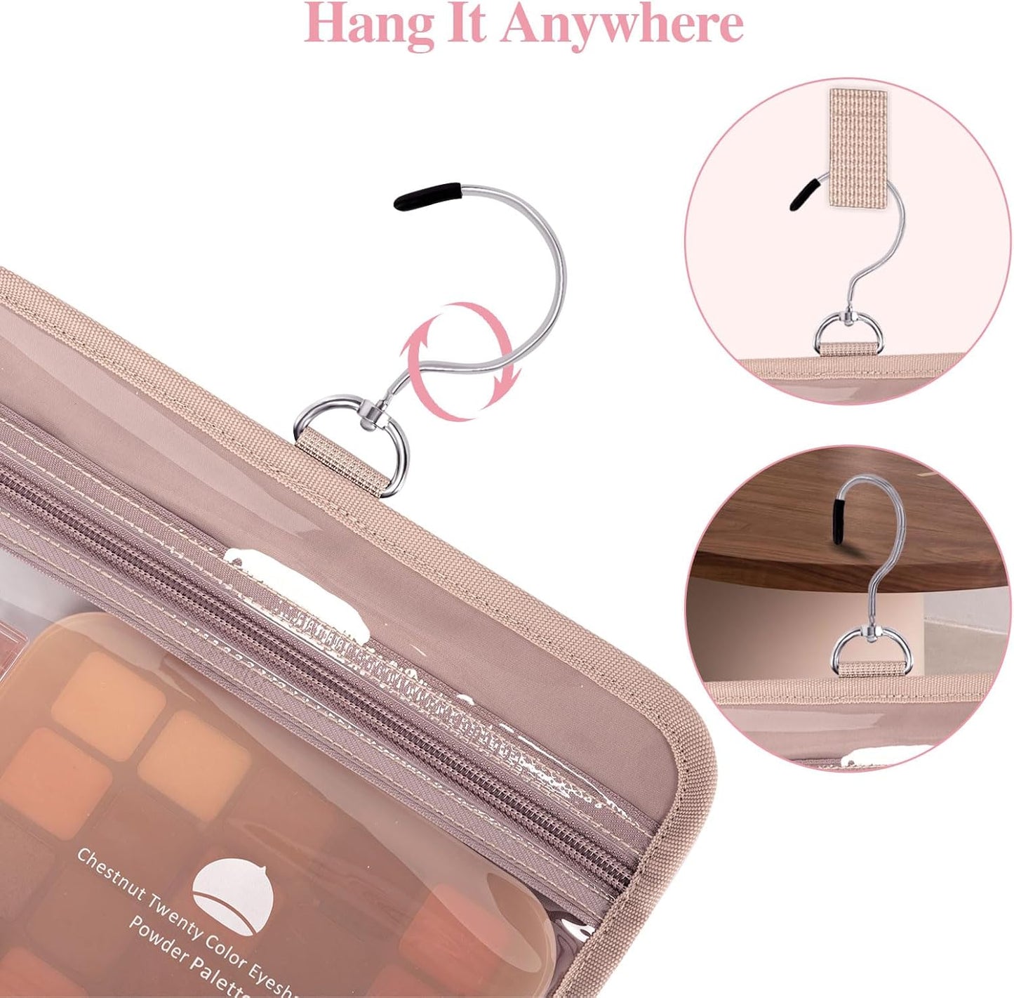 Toiletry Bag for Women, Travel Toiletry Bag with Hanging Hook Makeup Organizer, Waterproof Large Capacity Travel Bag for Accessories, Shampoo, Full Sized Container, Toiletries,Pink