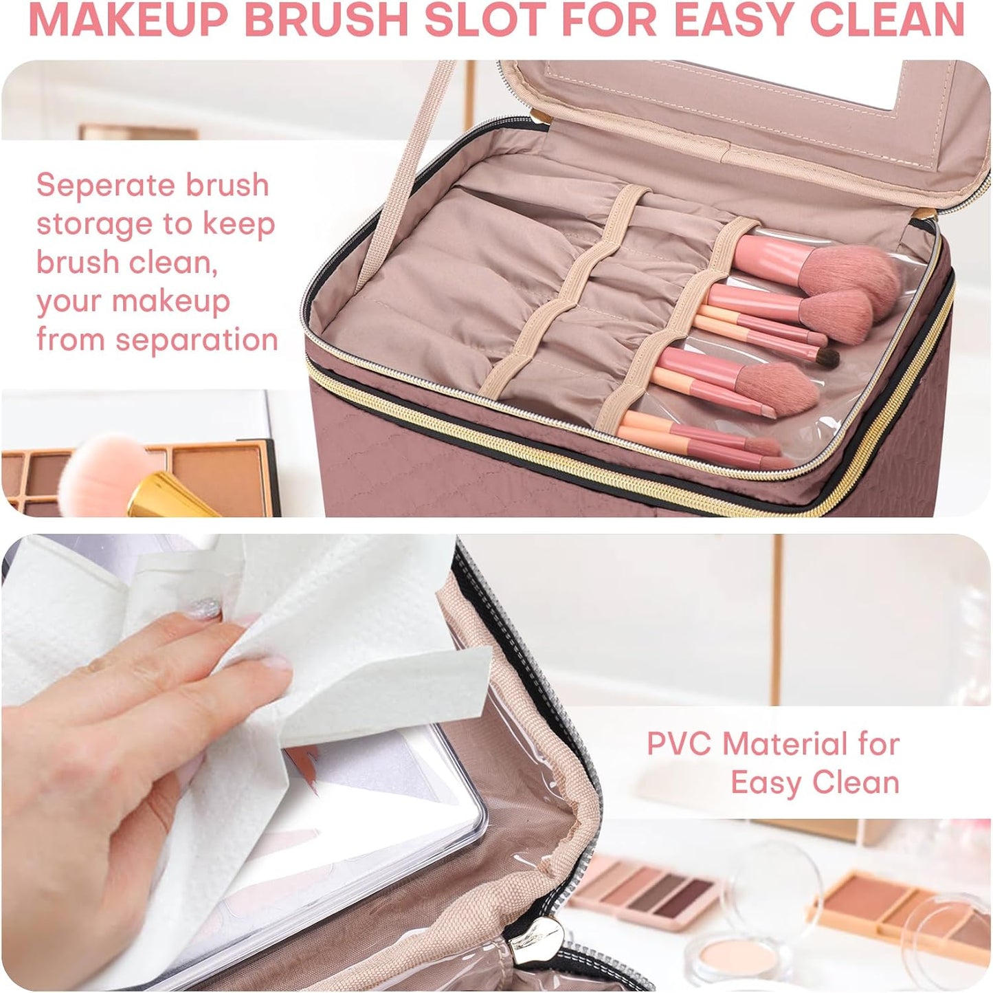 Large Makeup Bag with Mirror Double Layer Travel Make Up Organizer Case, Large Capacity Coemetic Bag with Brush Slot Divider