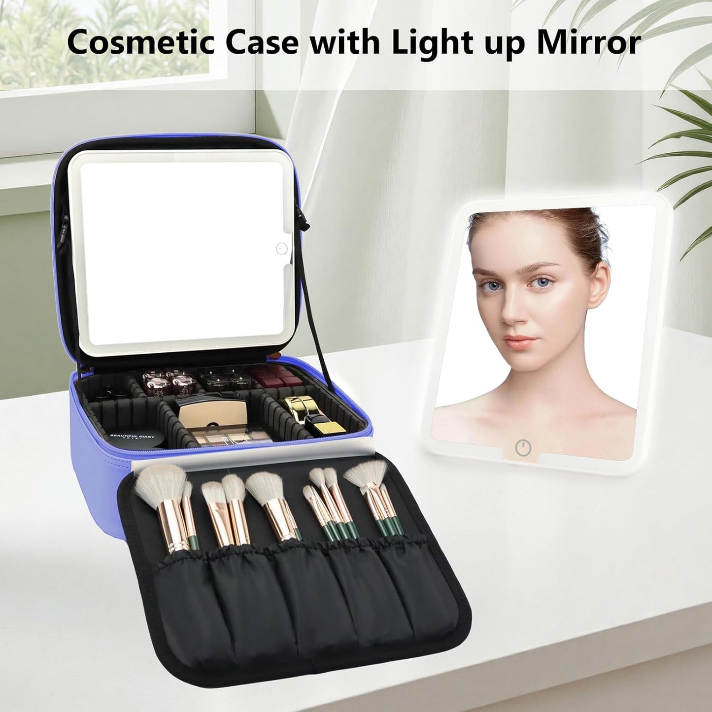 Travel Makeup Bag with LED Mirror Travel Makeup Organizer with 3 Lighted Settings, Adjustable Dividers and Makeup Brush Storage Bag Dark Blue