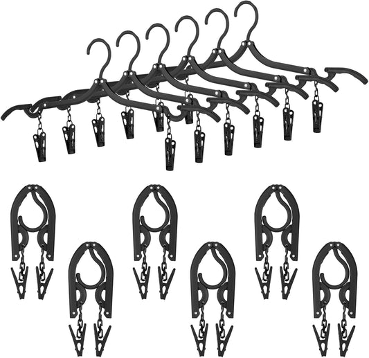Folding Travel Hangers Foldable with Clips Folding Clothes Hangers Portable Foldable Hangers Collapsible Coat Hanger Travel Drying Rack for Clothes (Black, 12 Pieces)