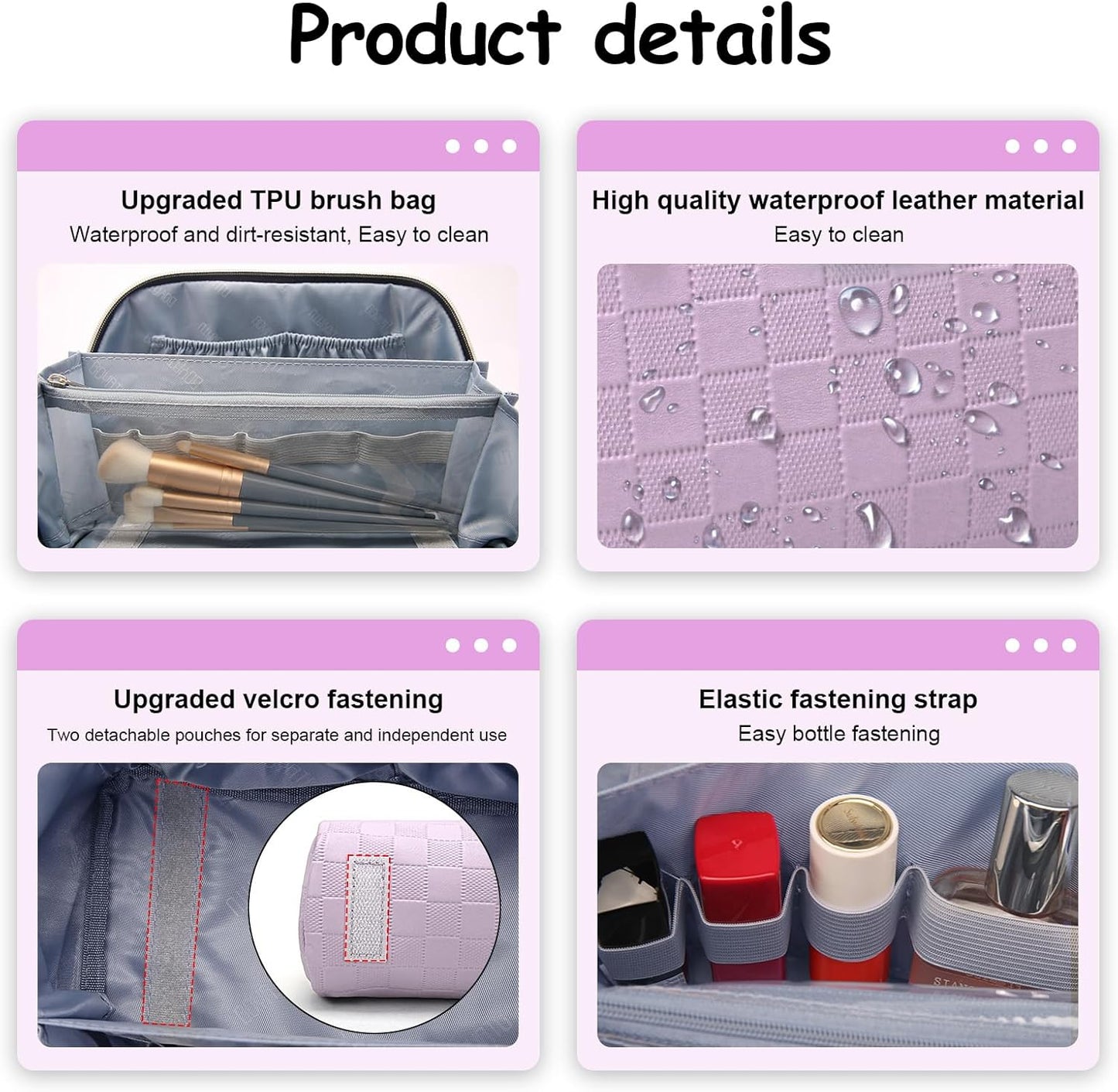 Travel Makeup Bag Organizer Cosmetic Bag: 3 Pcs Set Make up Bags for Women with Handle - Waterproof Vegan Leather Toiletry Bags with Comparments (C-01-Purple)
