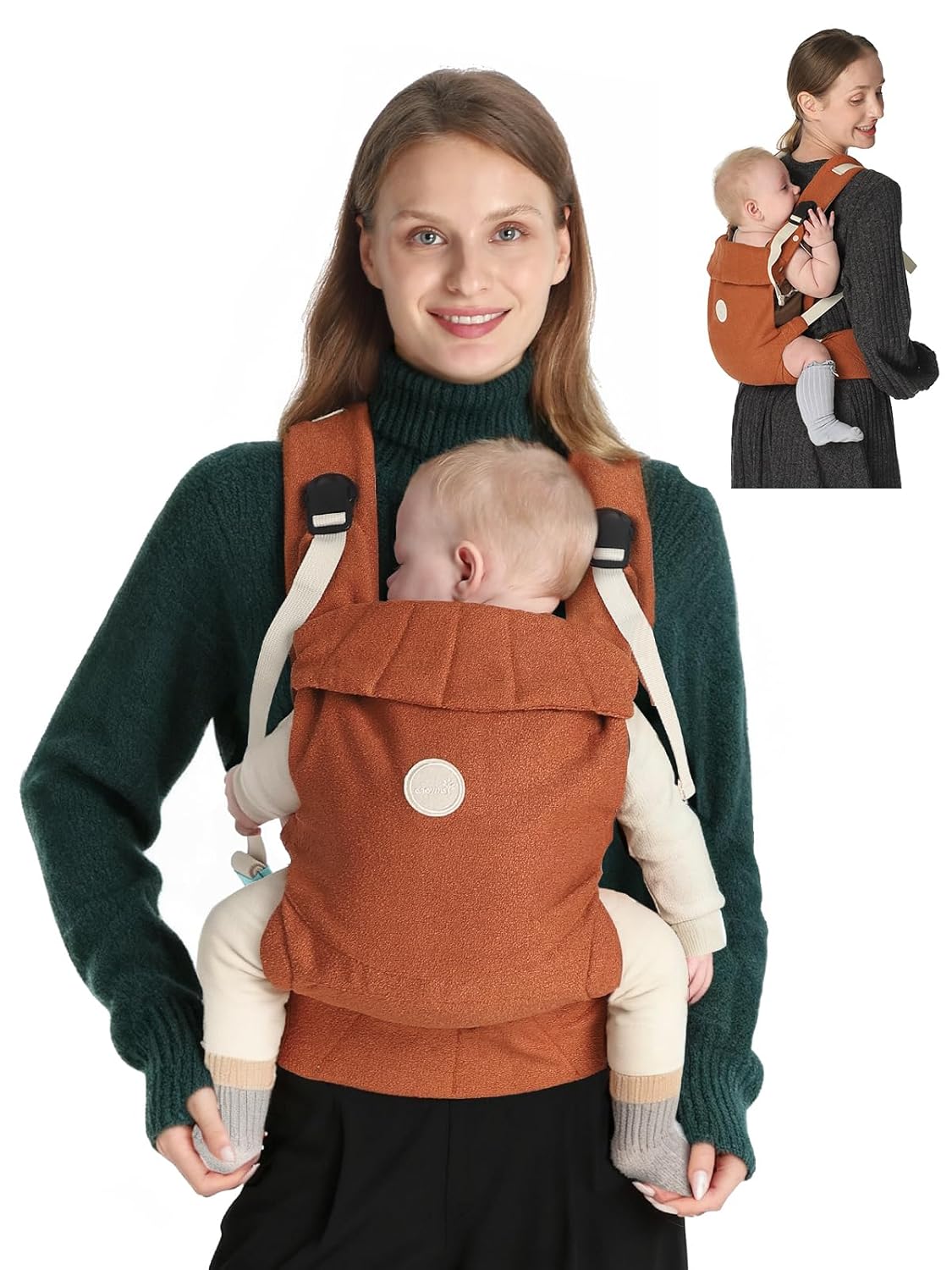 Grownsy Baby Carrier Newborn to Toddler (7-44lbs), Ergonomic & Cozy Wraps with One-Click Buckle, Head Support for Hands-Free Comfort, Sepia