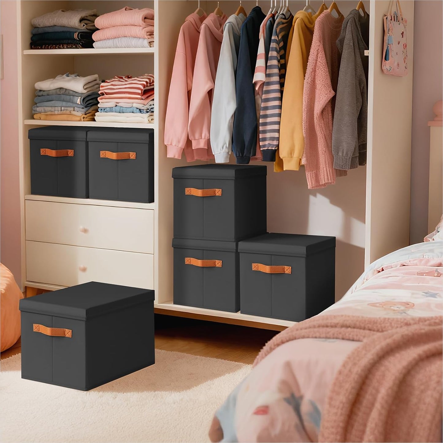 Storage Bins with Lids - Fabric Storage Baskets for Shelves, 4 Pack Foldable Decorative Boxes with Handles, Stackable Organizer Bins for Home, Nursery, Dorm, Black