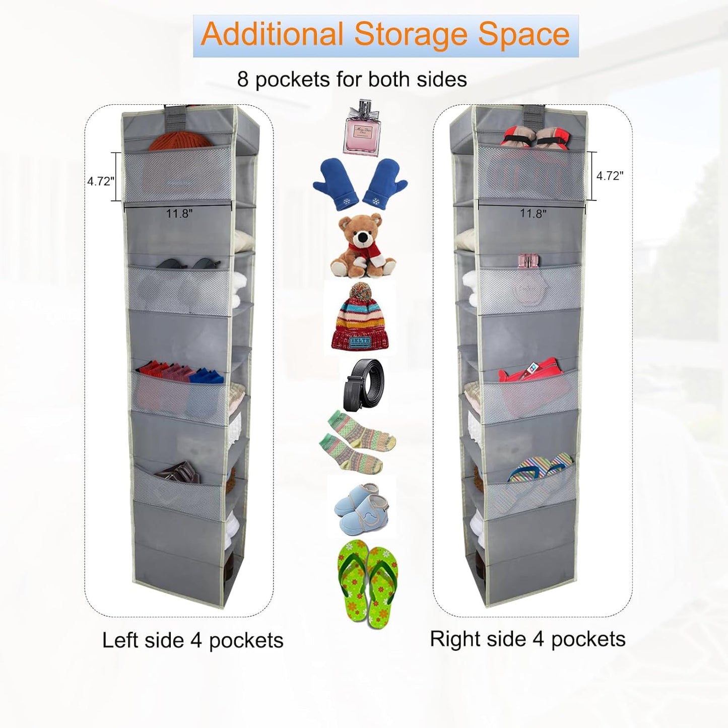 Large-Sized Hanging Shoe Organizer 10-Shelf, Sturdy Hanging Closet Organizer with 8 Side Pockets, Wider Hanging Shelves for Storage Shoes Clothes Jeans Shirts Toys, Grey