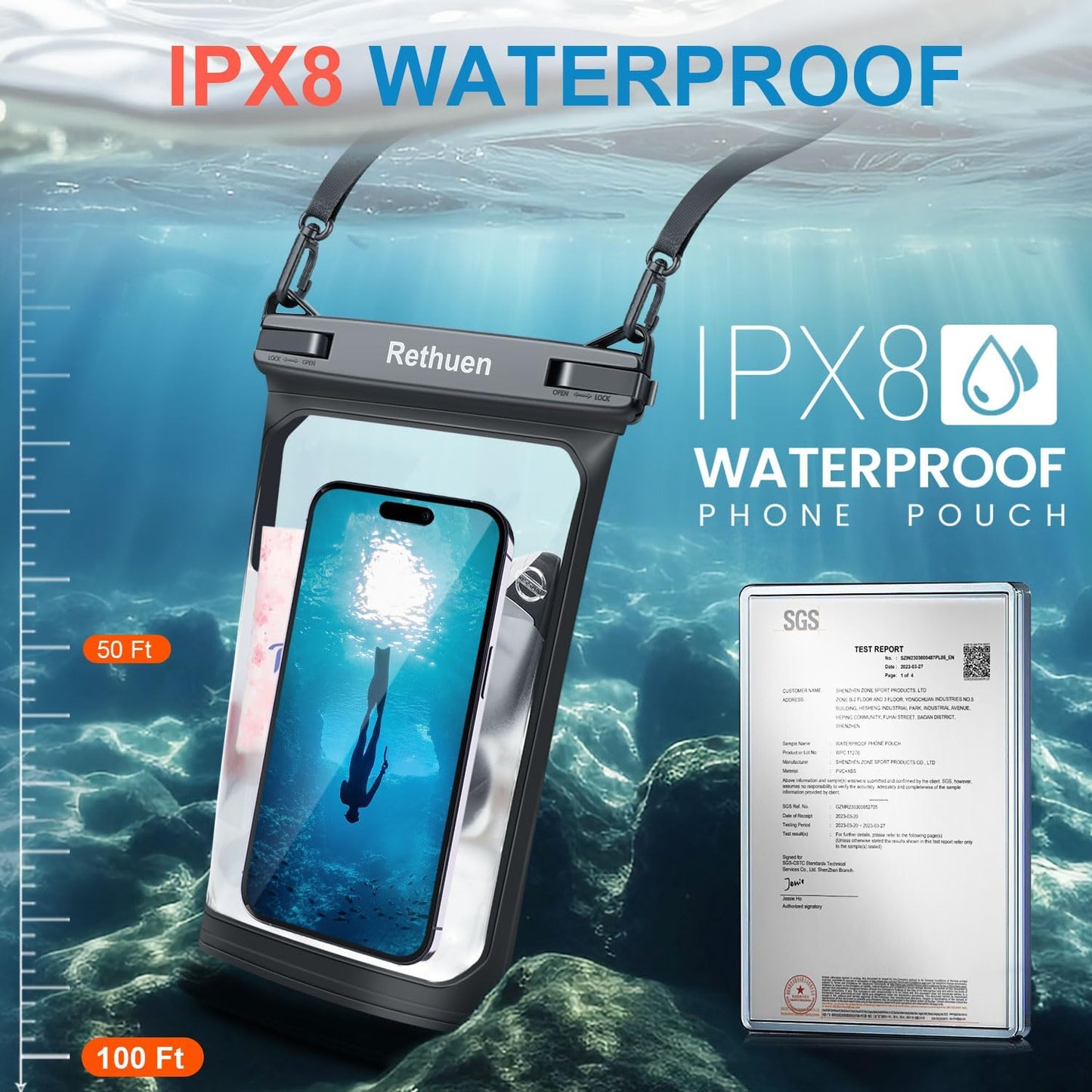 Large Waterproof Phone Pouch, 2Pack Floating Waterproof Bag for iPhone 16 15 14 13 12 Pro Max Galaxy S24 S23 S22 All Phones, Cell Phone Dry Bag for Beach Swimming Rafting Boating (Black + Black)