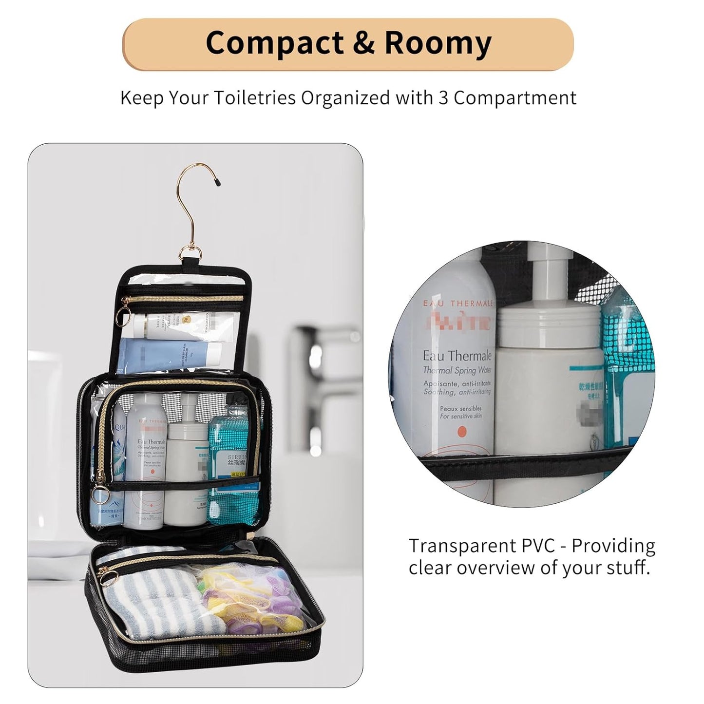 CUBETASTIC Mesh Shower Bag, Hanging Travel Toiletry Bag for Men Women, Portable Quick Dry Shower Organizer Pouch for College Dorm Room Essentials with 3 Compartment