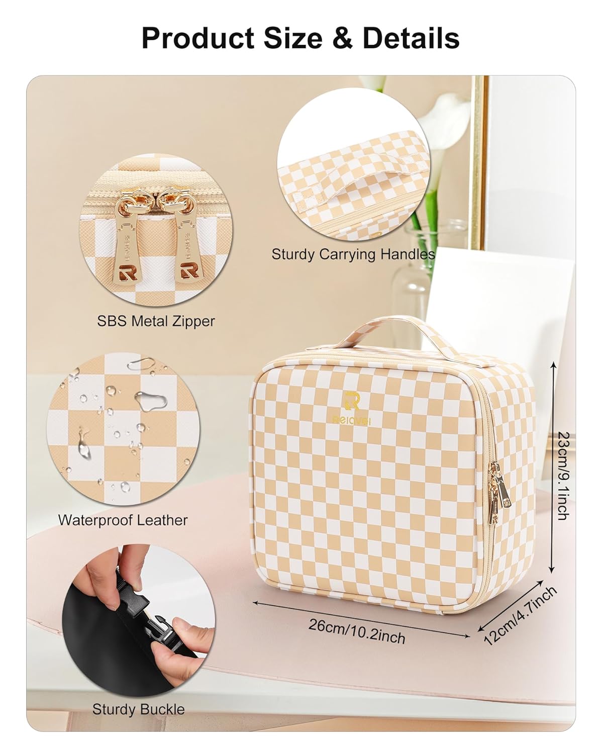 Relavel Travel Makeup Bag With LED Mirror, Cosmetic Train Case with Light up Mirror, Portable Makeup Artist Organizer Bag with Adjustable Dividers, Makeup Brush Holder Storage, Plaid