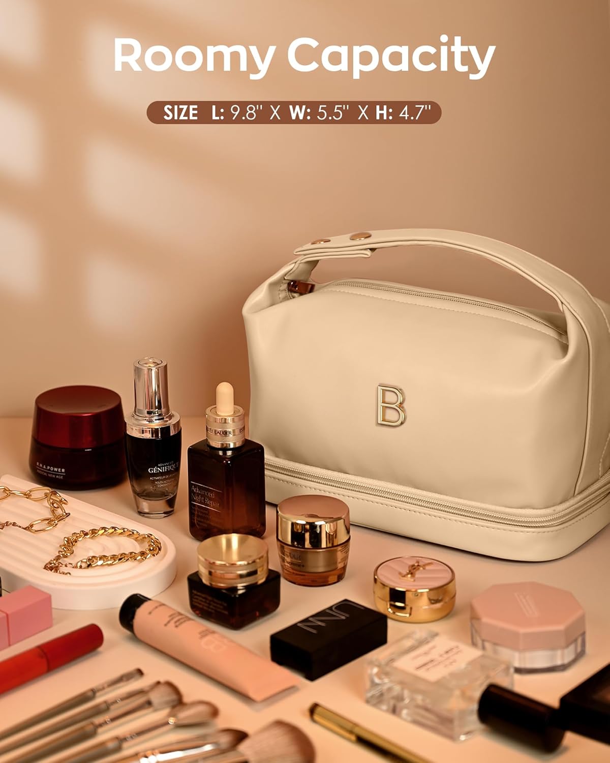 Letter Makeup Bags, Personalized Bags with Handle, Waterproof Double Layer Cosmetic Bag, Large Capacity PU Leather Makeup Bags Letter Travel Toiletry Bag with Makeup Brush Organizer