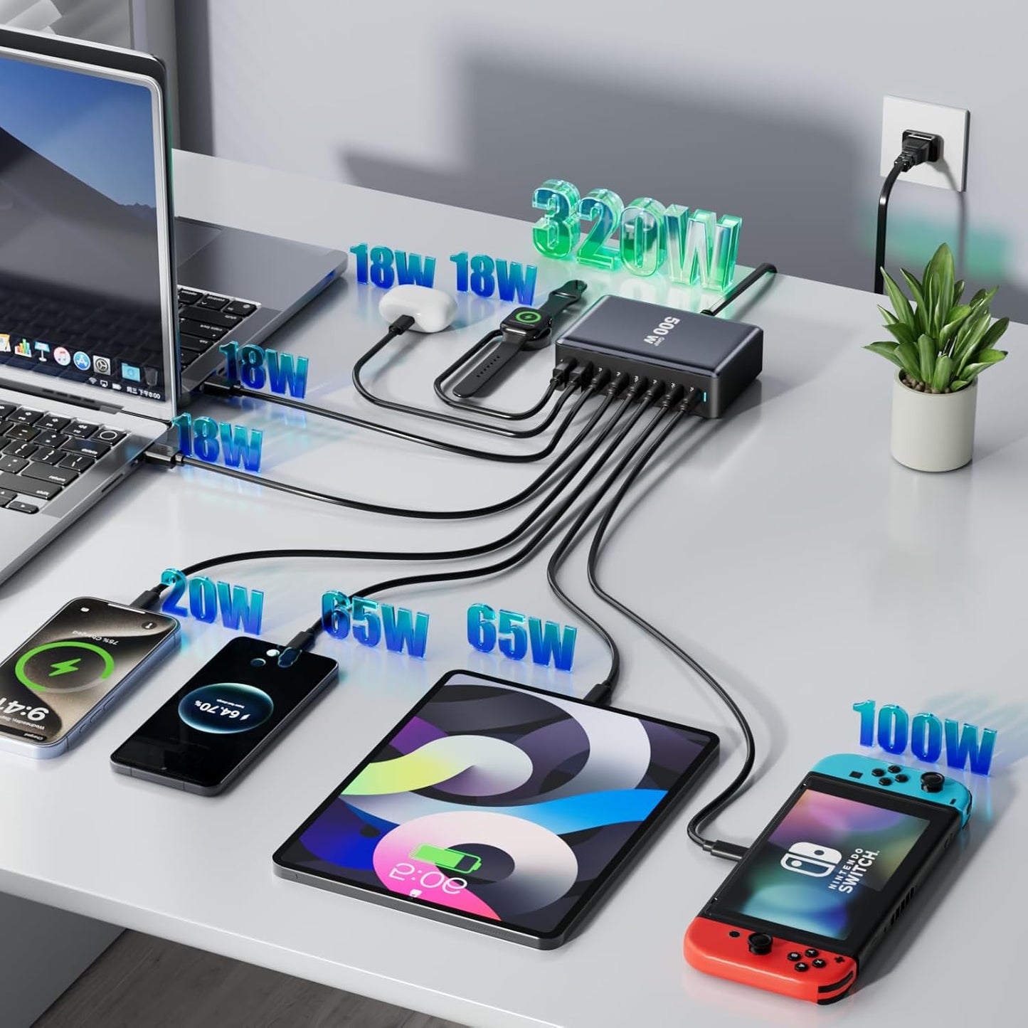 320W Fast Charging 8 Port USB C Charger Block, Multi-Device USB Charging Station Wall Desktop Charger with GaN Ⅲ Technology, USB-C Charger Adapter for MacBook/iPad/iPhone 16/Samsung Galaxy/DELL/HP