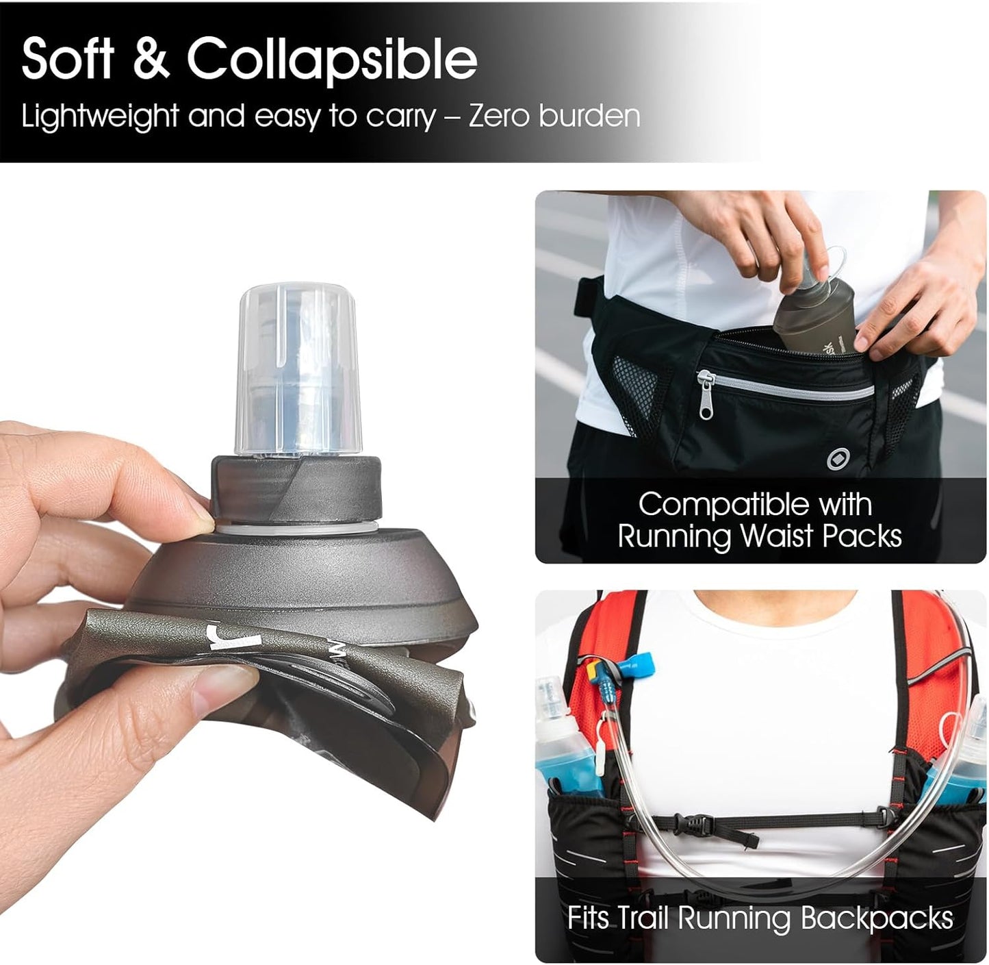 GYGYL Soft Flask, TPU Collapsible Soft Water Bottle for Hydration Pack, Running Vest, Leak-Proof Folding Water Bottle for Hiking Cycling Climbing Jogging-500ml Grey