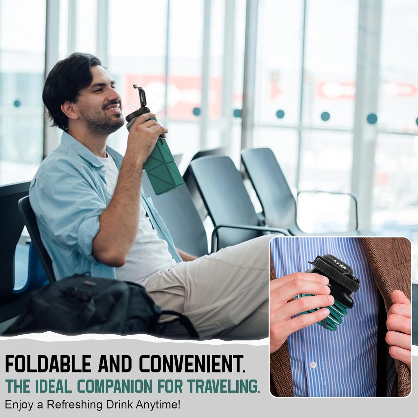 Collapsible Water Bottles 20.6oz Foldable Water Bottle BPA Free Reusable Lightweight LeakProof Travel Silicone Water Bottles for Travel Gym Hiking Camping (Upgrade Dark Green)