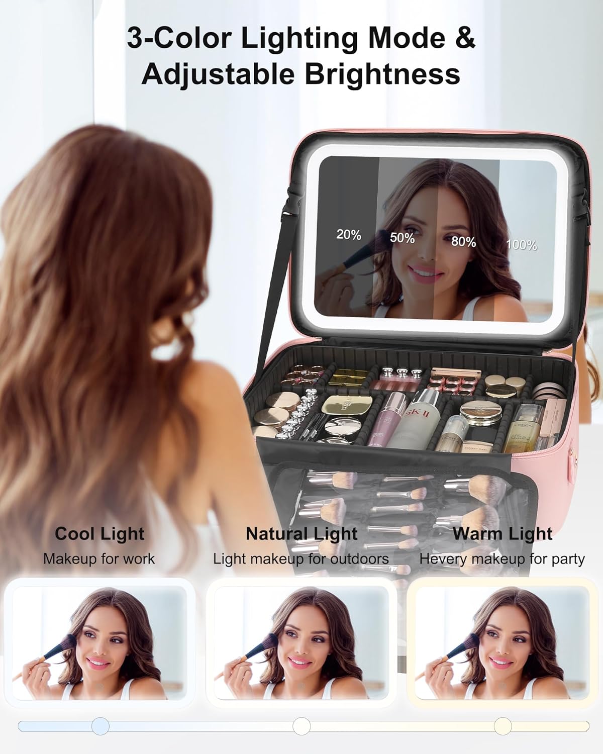 Relavel Makeup Bag with LED Mirror, 16.2 inches Large Professional Makeup Case for Makeup Artists, Travel Portable Cosmetic Organizer Storage Box, Vanity Case with 3 Colors Lighted Mirror, Pink