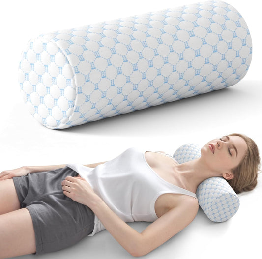 Neck Roll Pillow for Neck Pain Relief - Memory Foam Neck Support Pillow for Bed | Round Neck Pillow for Sleeping, 16 * 6.3 * 6.3inch (Cool-Blue)