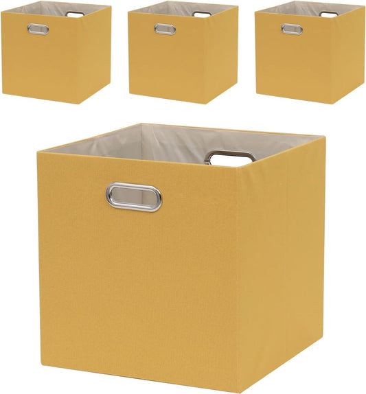 Cube Storage Bins 13×13x13 Inch, 4 Pack Collapsible Linen Fabric Storage Cubes with Handles, Thick Heavy Duty Storage Baskets for Shelves Kallax Bedroom Dormitory Toy Clothes, Yellow