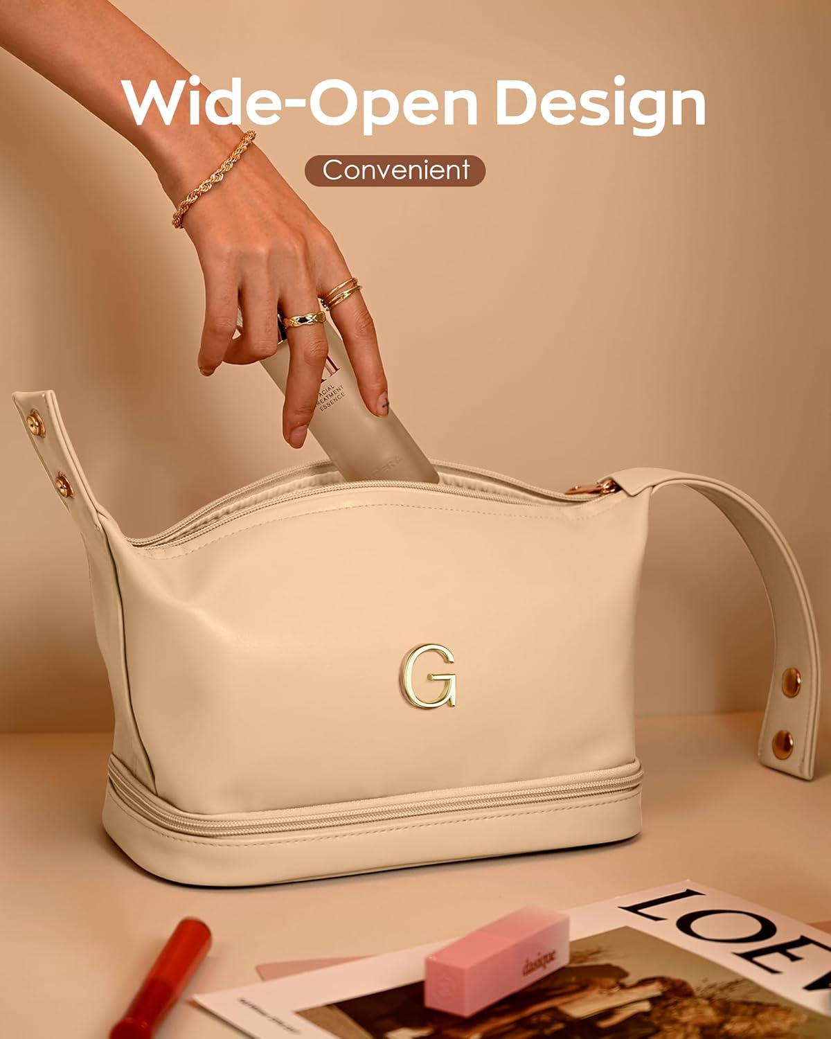 Personalized Makeup Bag with Handle, Initial Double Layer Cosmetic Bag with Makeup Brush Organizer,Gifts for Friends Female Mom