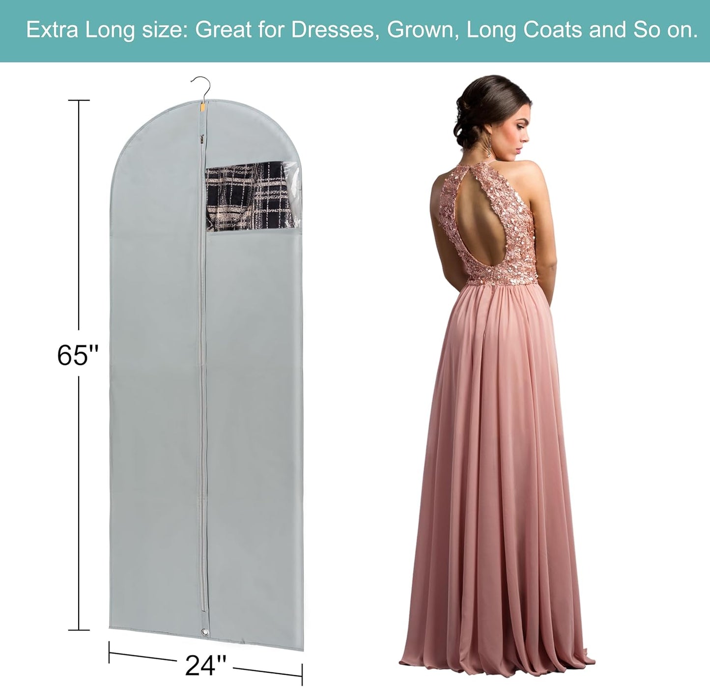 Dress Bags for Gowns Long, 65" Long Dress Bags for Hanging Clothes Clear Windows Foldable Long Garment Bag for Storage and Travel-24"x 65"/2 Pack