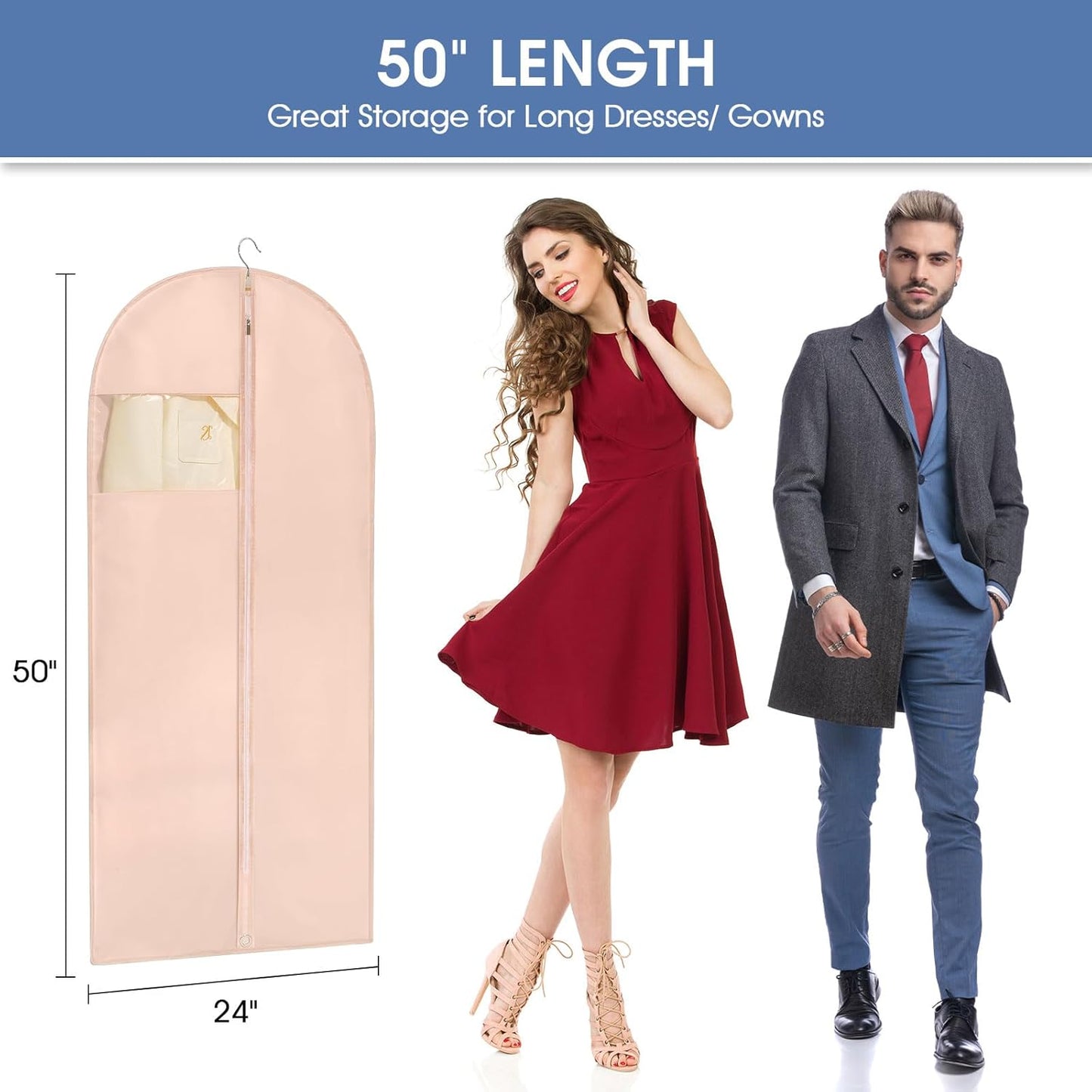 Garment Bags for Hanging Clothes, 50" Long Dress Bags for Closet Storage, Pink Garment Covers with Clear Window for Suits, Coats, Jackets (2 Pack)