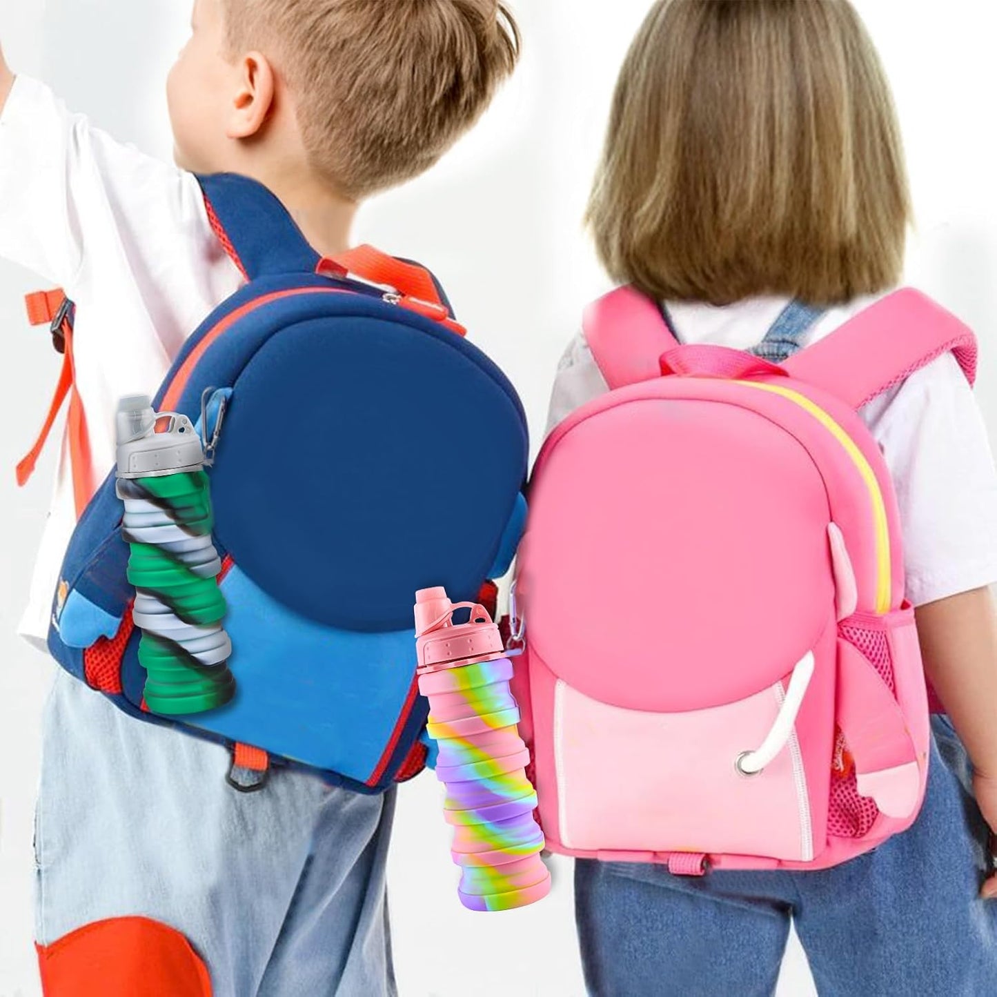 Collapsible Water Bottle for Adults, Boys, Students, Kids, Reusable Silicone Foldable Water Bottles for Travel Camping Hiking Sports,Leak-Proof Portable Sports Water Bottle (Pink & Green)