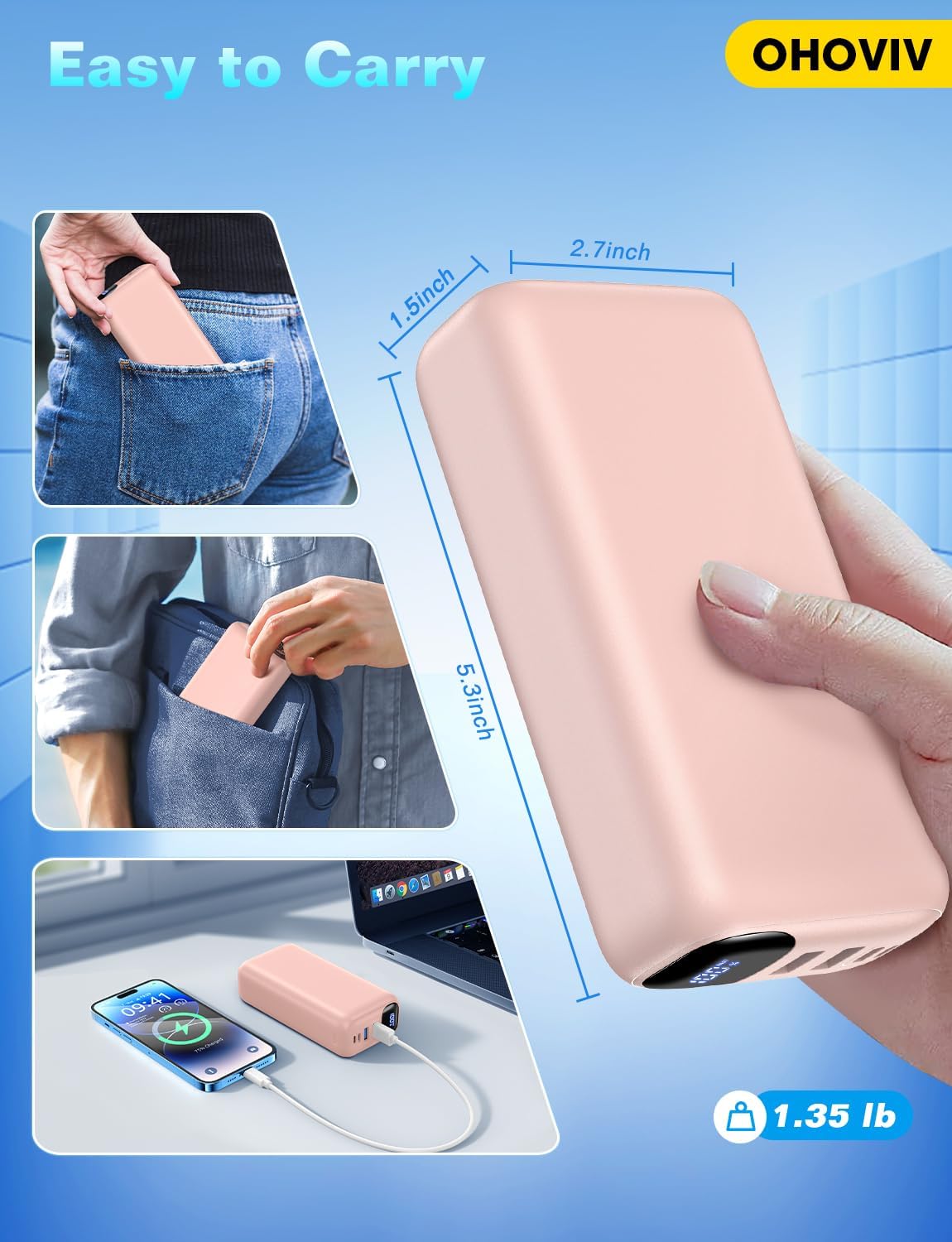 Portable Charger 50000mAh Power Bank - 22.5W Fast Charging External Battery Pack, LED Display USB-C Portable Cell Phone Charger for iPhone 16/15/14/13 Pro, Android, Samsung Galaxy, Etc(Pink)