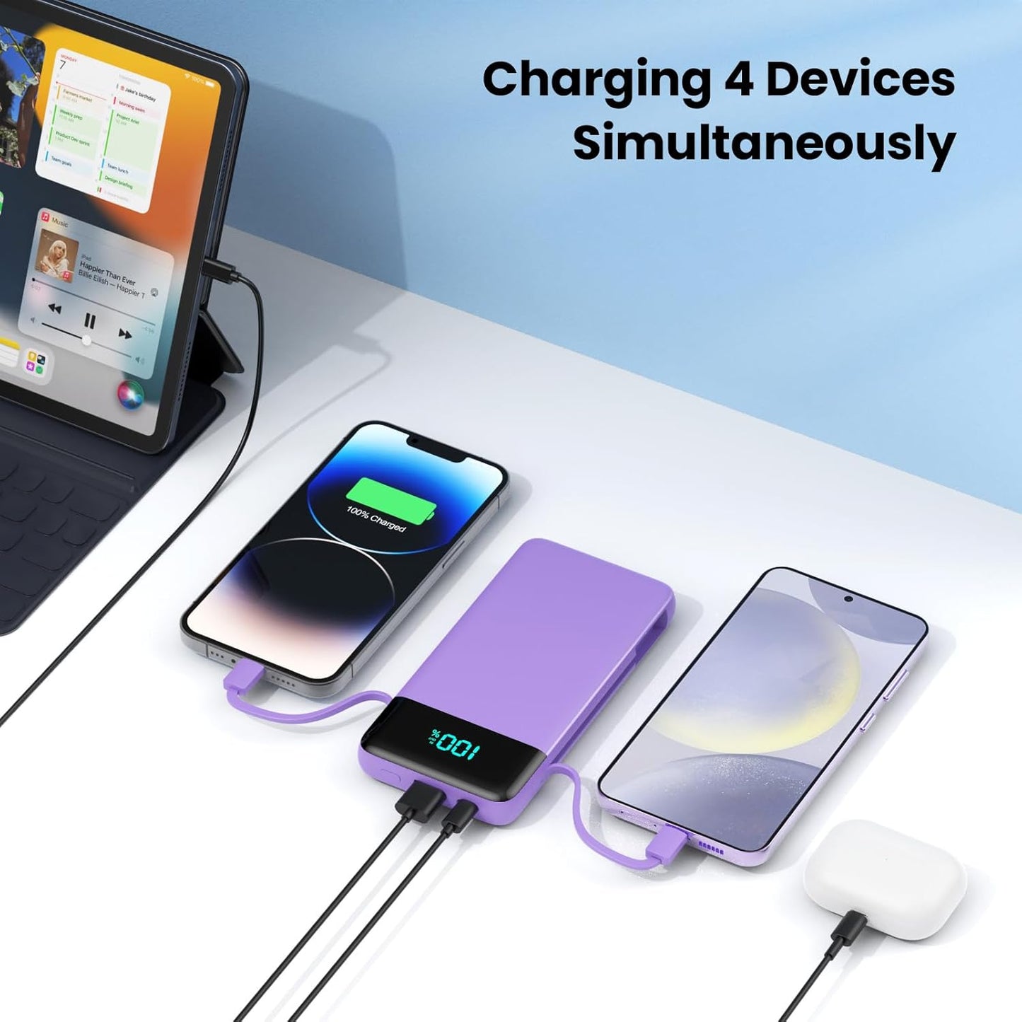 Portable Charger for iPhone with Built in Cables and Wall Plug,Upgraded 13800mAh Fast Charging USB C Power Bank,4 Outputs Travel Essential Battery Pack Compatible with iPhone 15/14/13,Samsung-Purple