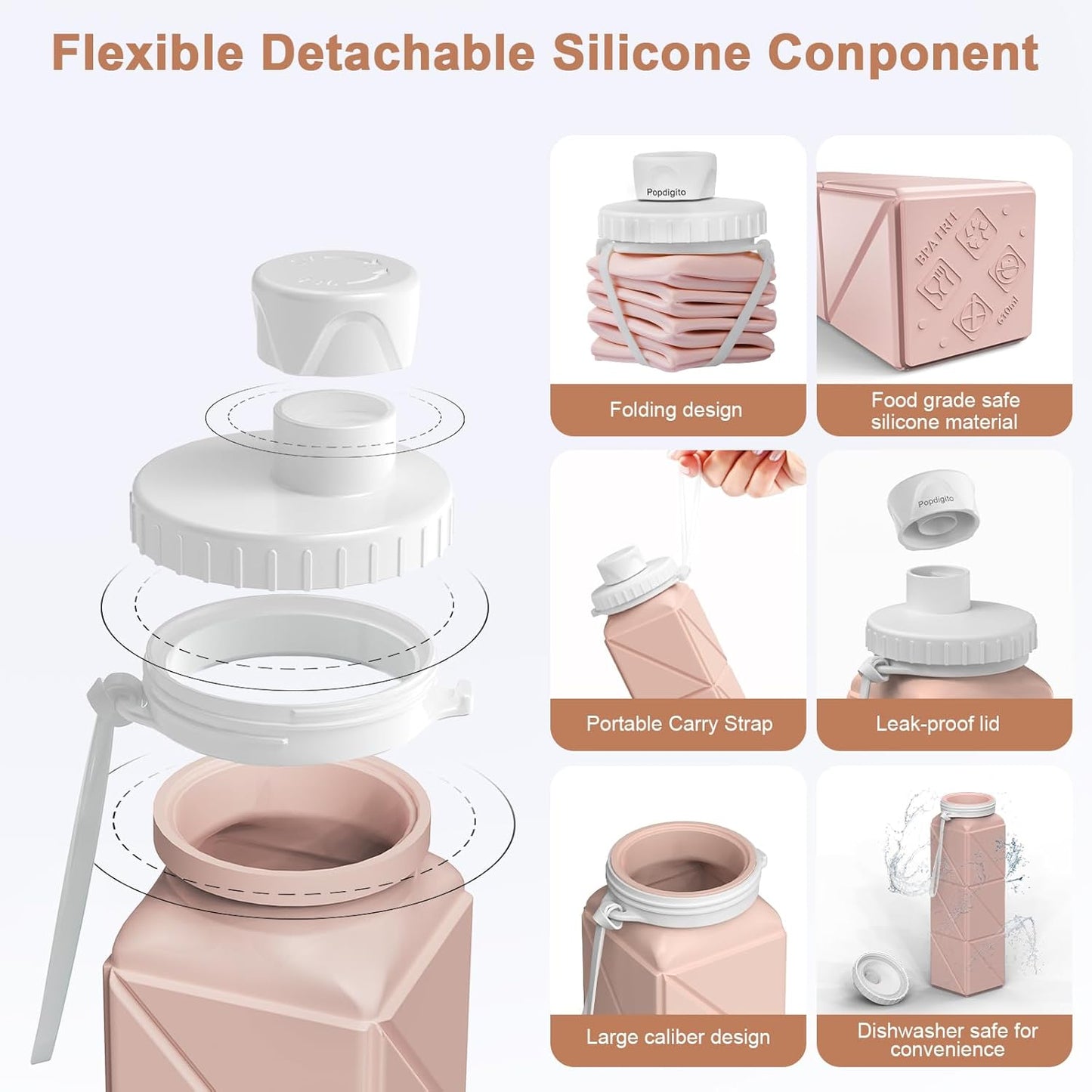 Collapsible Water Bottles, Portable Lightweight Reusable Leak-Proof BPA-Free Silicone Foldable Water Bottle for Travel Hiking Camping Gym Outdoor Activities Sports,Detachable for Dishwasher