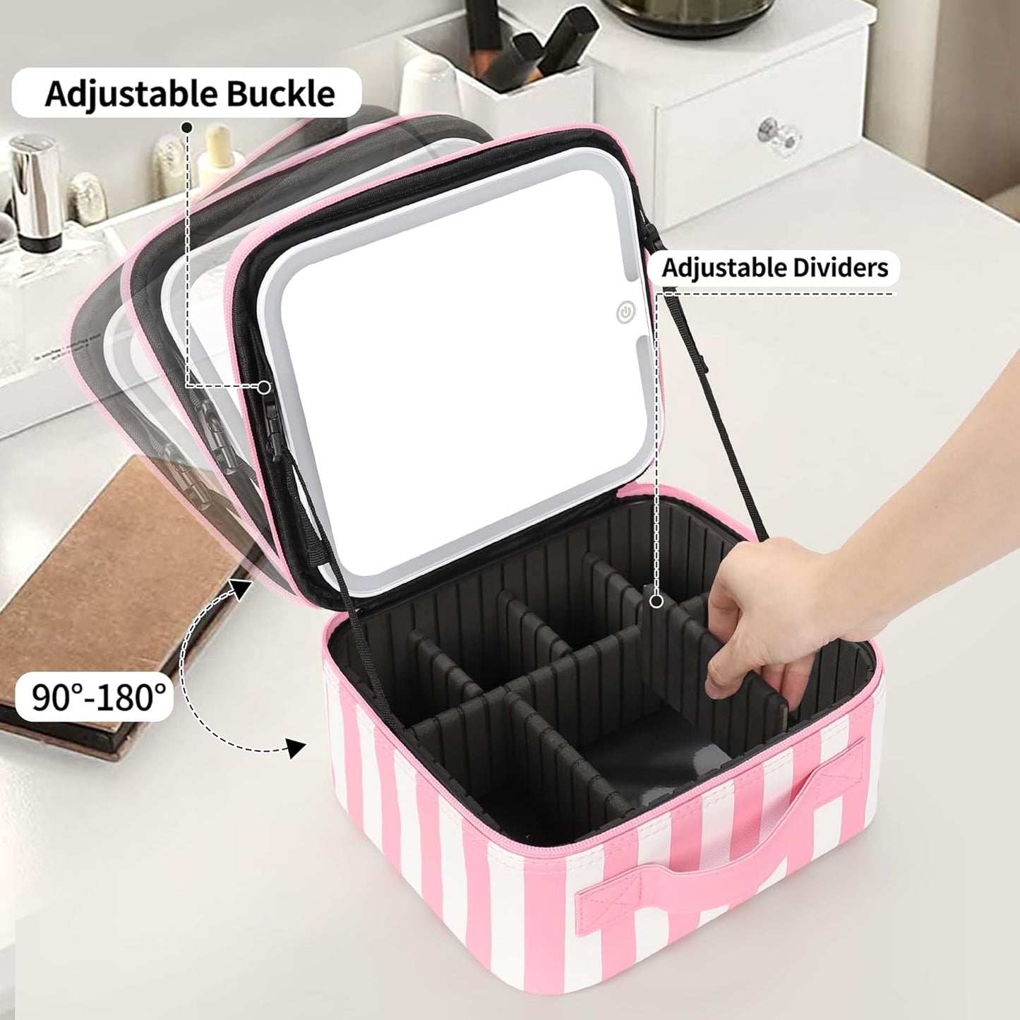 Makeup Bag With LED Mirror, Travel Makeup Case with Light up Mirror Large Cosmetic Case with 3 Color Lighted Portable Organizer Bag with Adjustable Dividers (Pink/White Stripes, Small)