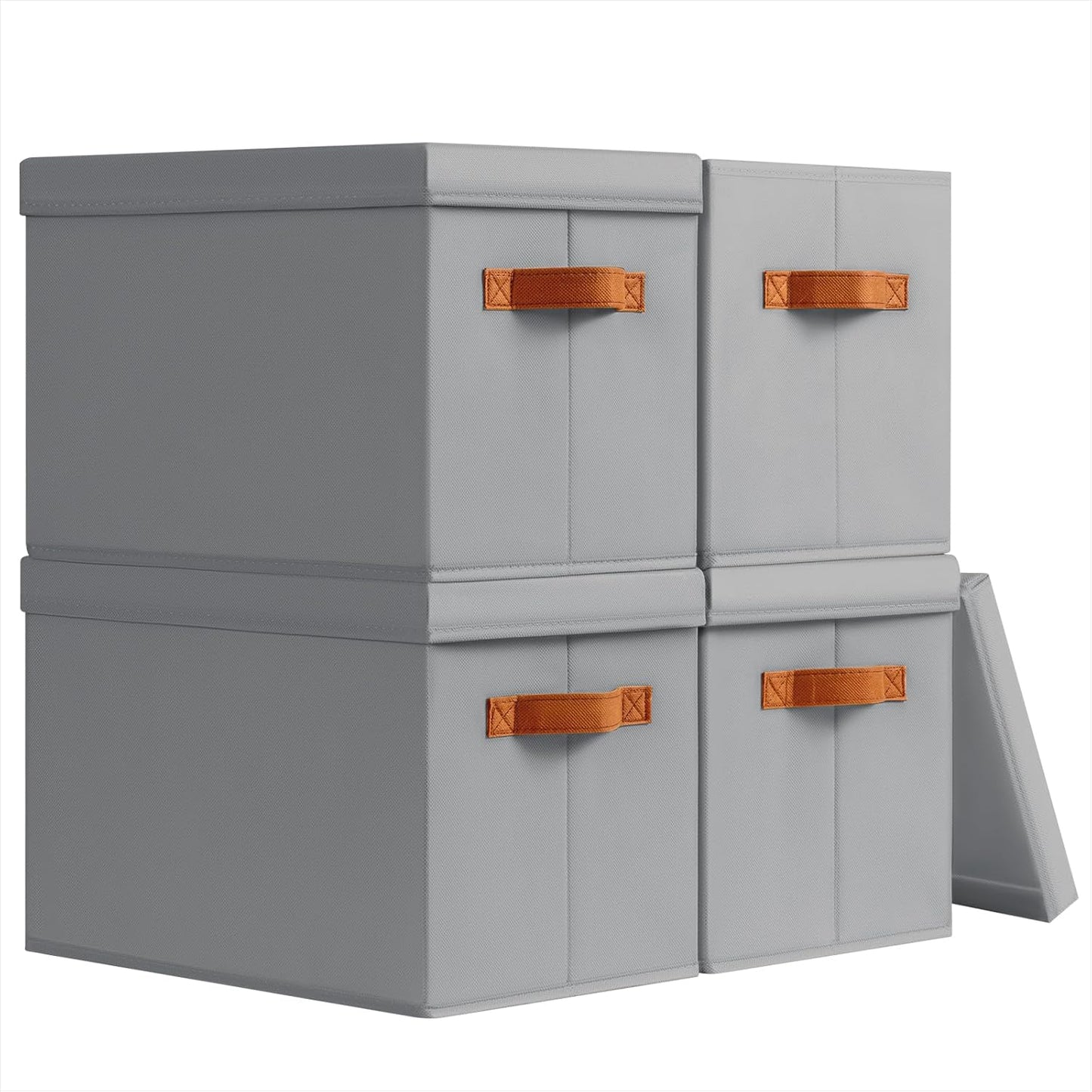 Storage Bins with Lids - Fabric Storage Baskets for Shelves, 4 Pack Foldable Decorative Boxes with Handles, Stackable Organizer Bins for Home, Nursery, Dorm, Grey