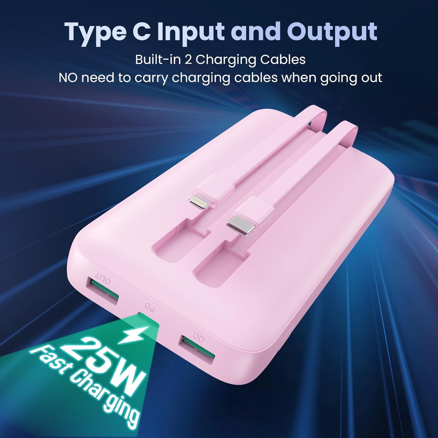 Portable Charger 40,800mAh Power Bank, 25W PD QC 4.0 Fast Charging Portable Phone Charger with Built-in Cables,LCD Display USB C Battery Pack Compatible with iPhone 16/15/14,Android Samsung (Pink)