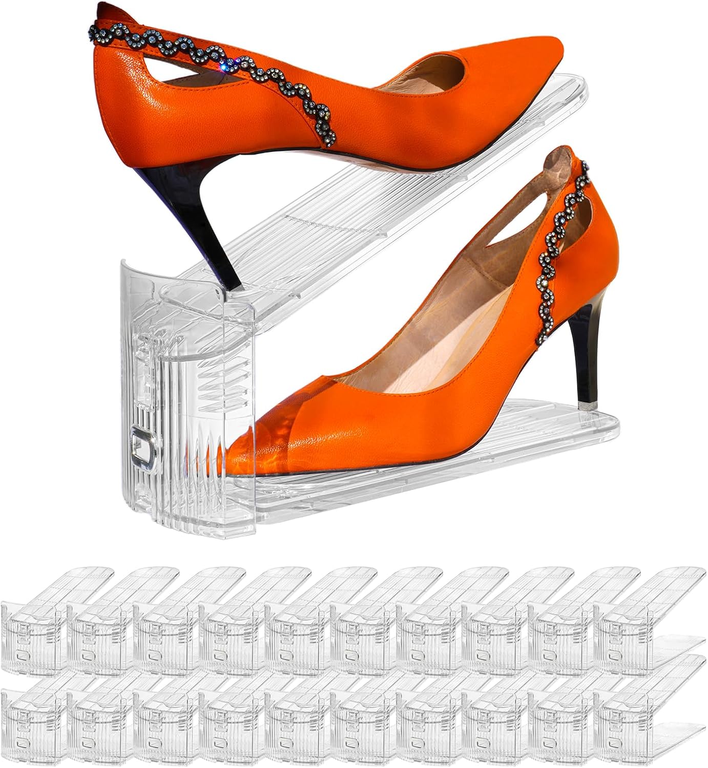 Shoe Slots Organizer, 20PCS Adjustable Double Layer Stack Shoe Rack, 50% Space-Saving Storage Rack Holder, Transparent