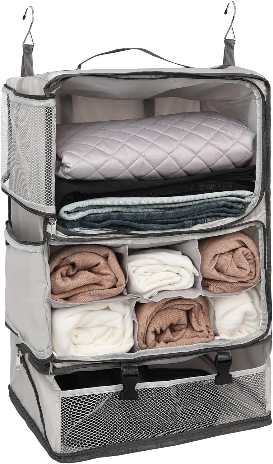 TABITORA Travel Portable Hanging Shelves Closet Organizer Packing Luggage Storage with Multifunctional and Foldable Invisible Compartment,Lightweight, for Suitcase, RV,Closet…lightgrey,XXL