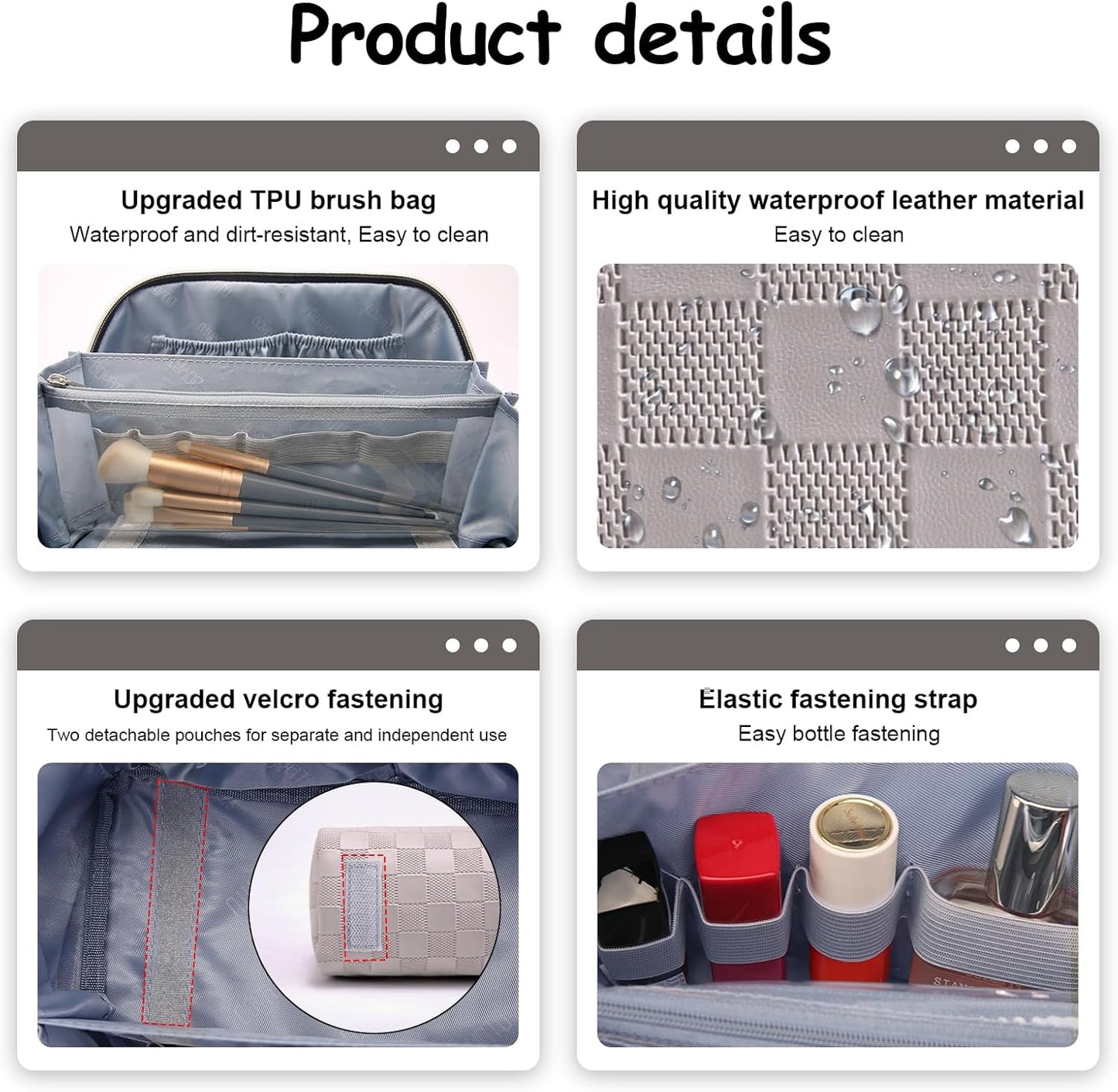 Travel Makeup Bag Organizer Cosmetic Bag: 3 Pcs Set Make up Bags for Women with Handle - Waterproof Vegan Leather Toiletry Bags with Comparments (C-13-Gray)