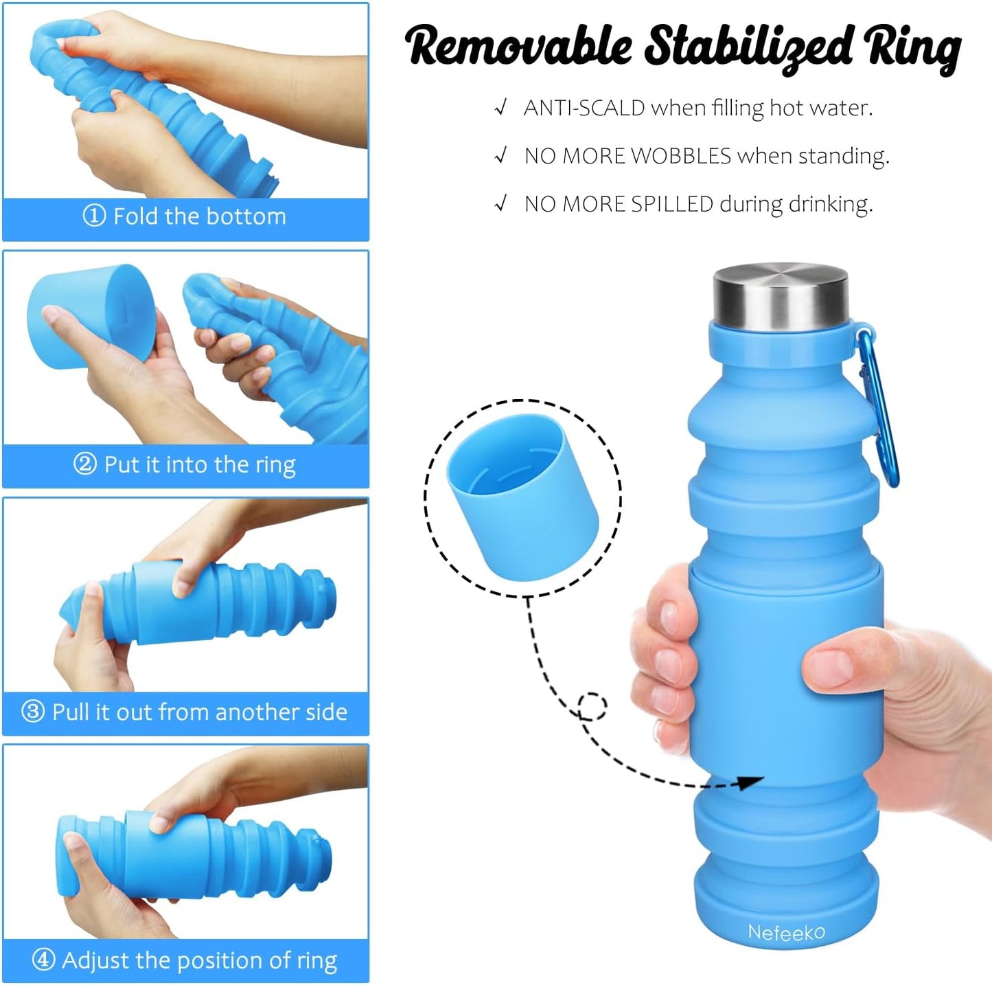 Nefeeko Collapsible Water Bottle, Reuseable BPA Free Silicone Foldable Water Bottles for Travel Gym Camping Hiking, Portable Leak Proof Sports Water Bottle with Carabiner
