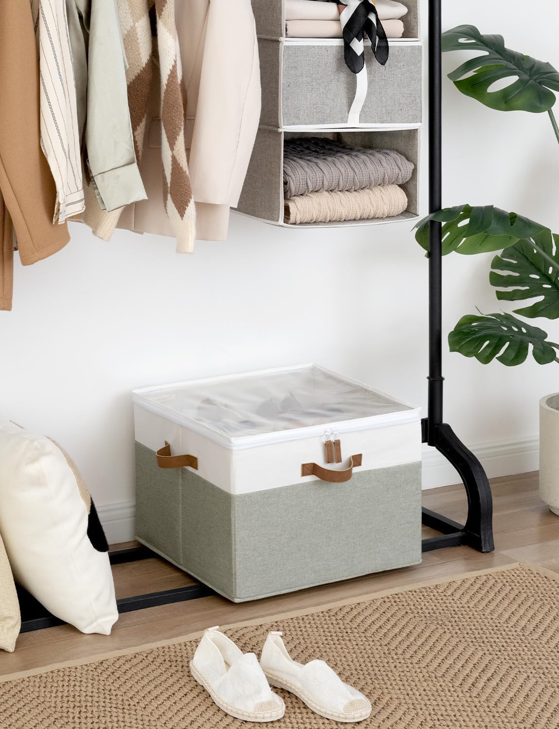 StorageWorks Shoe Organizer for Closet, Fits up to 16 Pairs, Shoe Cubby Storage Containers with Adjustable Dividers and Clear Cover, Green & White