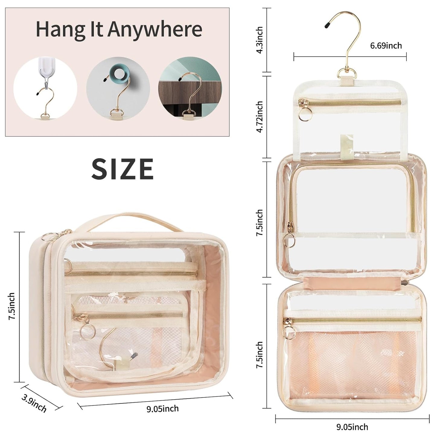 CUBETASTIC Clear Makeup Bags, Travel Make Up Organizer Storage Case, Hanging Toiletry Bag with Zipper Compartment, Small Travel Bag for Toiletries Portable Cosmetic Skincare Pouch with Handle